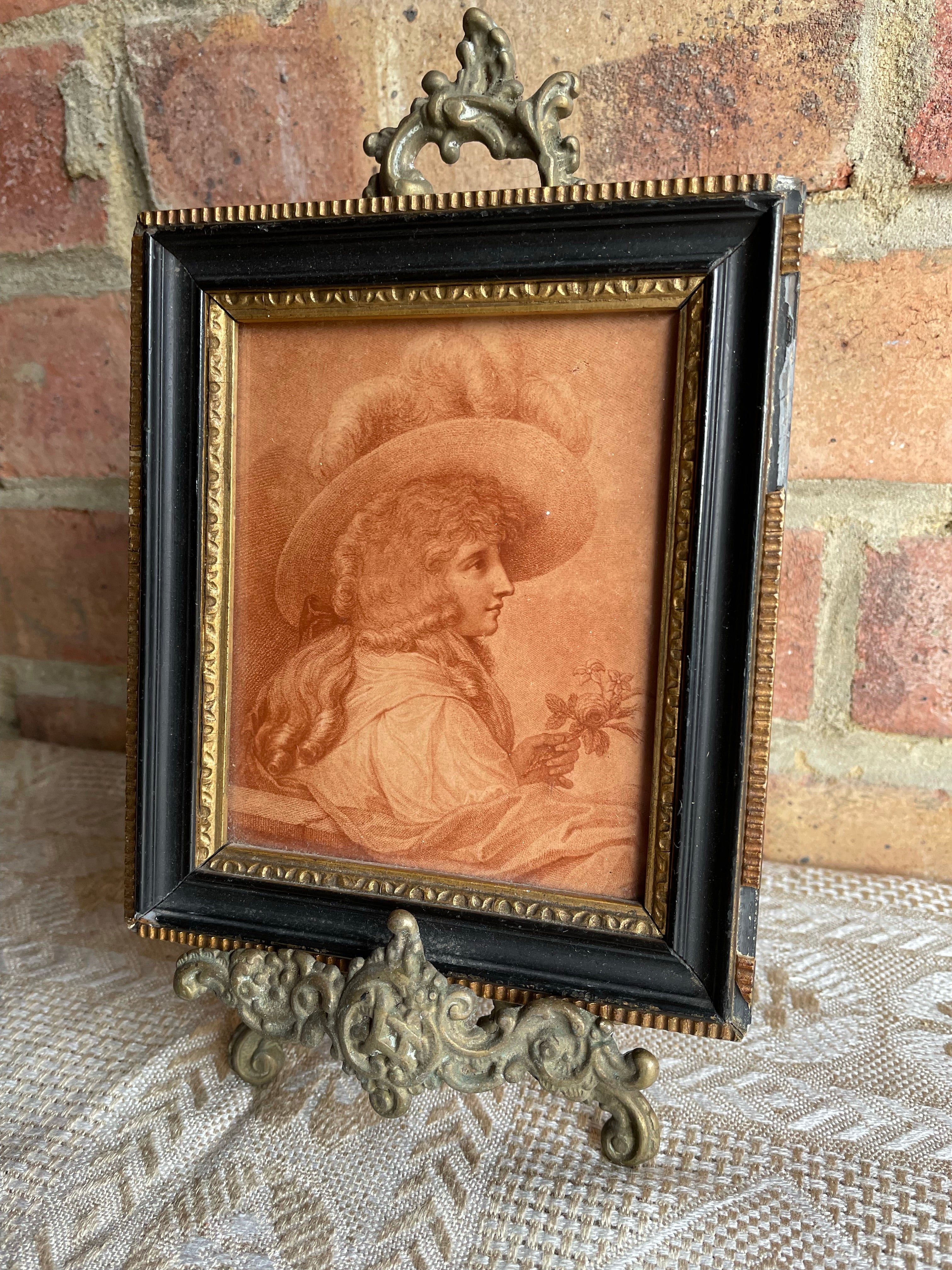 Pair of Tiny 18th Century Framed Mezzotint of Ladies in Hats