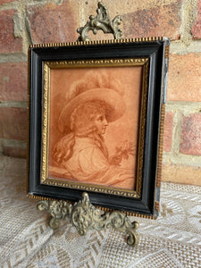 Pair of Tiny 18th Century Framed Mezzotint of Ladies in Hats