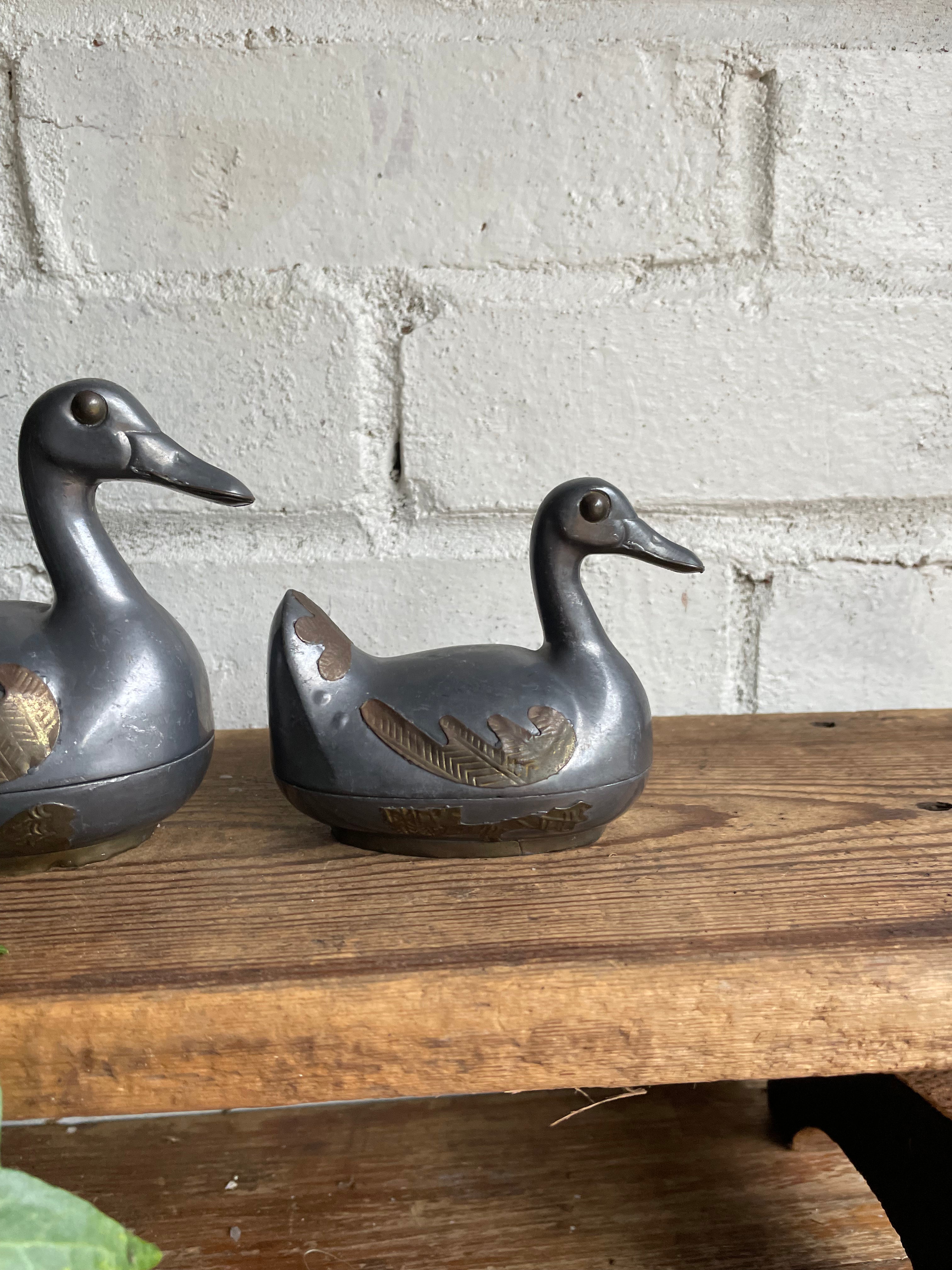 Set of Four Vintage Pewter and Brass Ducks