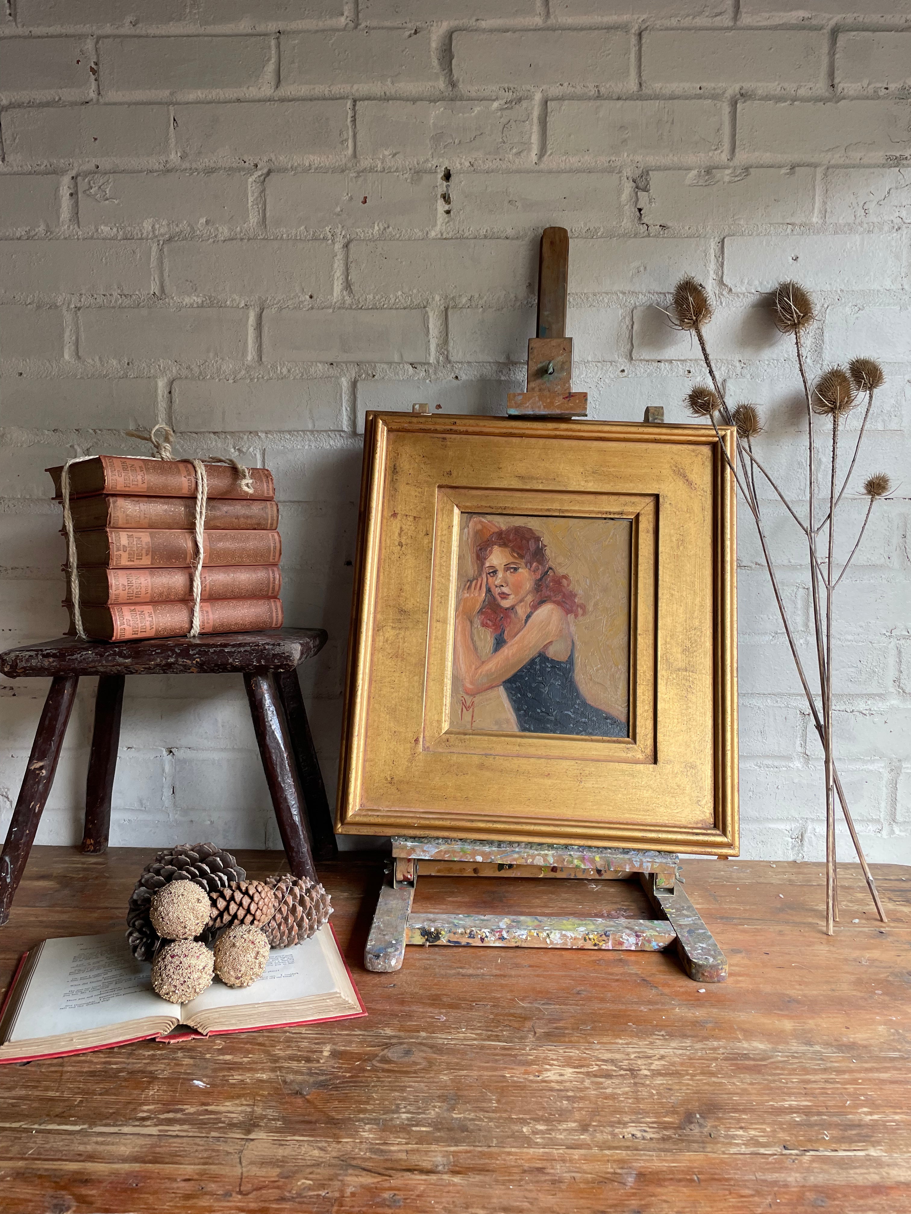 Lady with Red Hair: Midcentury Framed Oil on Board