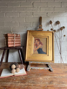 Lady with Red Hair: Midcentury Framed Oil on Board