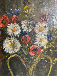 Large Moody Floral: French Signed Oil on Canvas