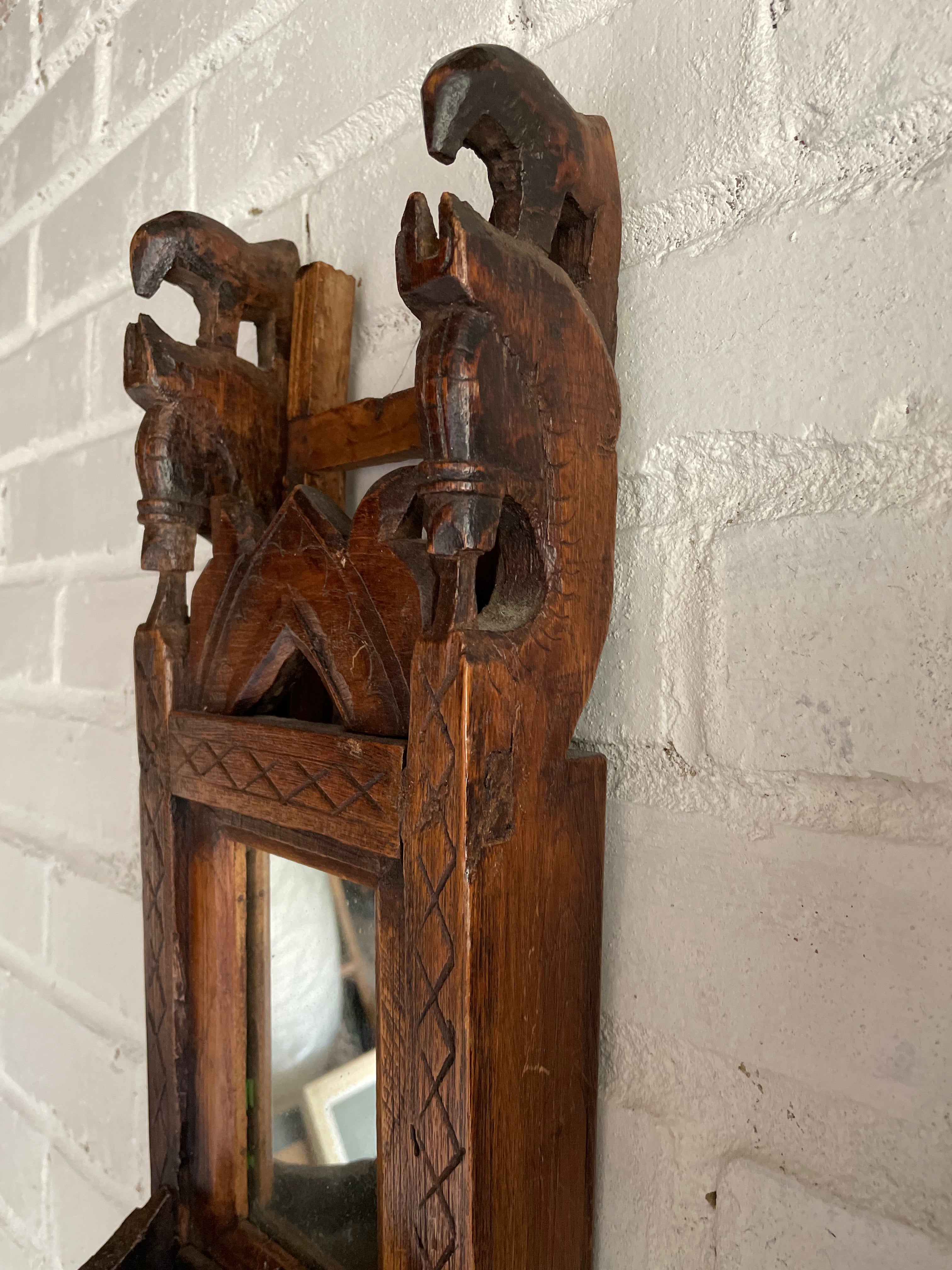 Old Handcarved Wall Mirror with a Little Shelf and Storage Compartment