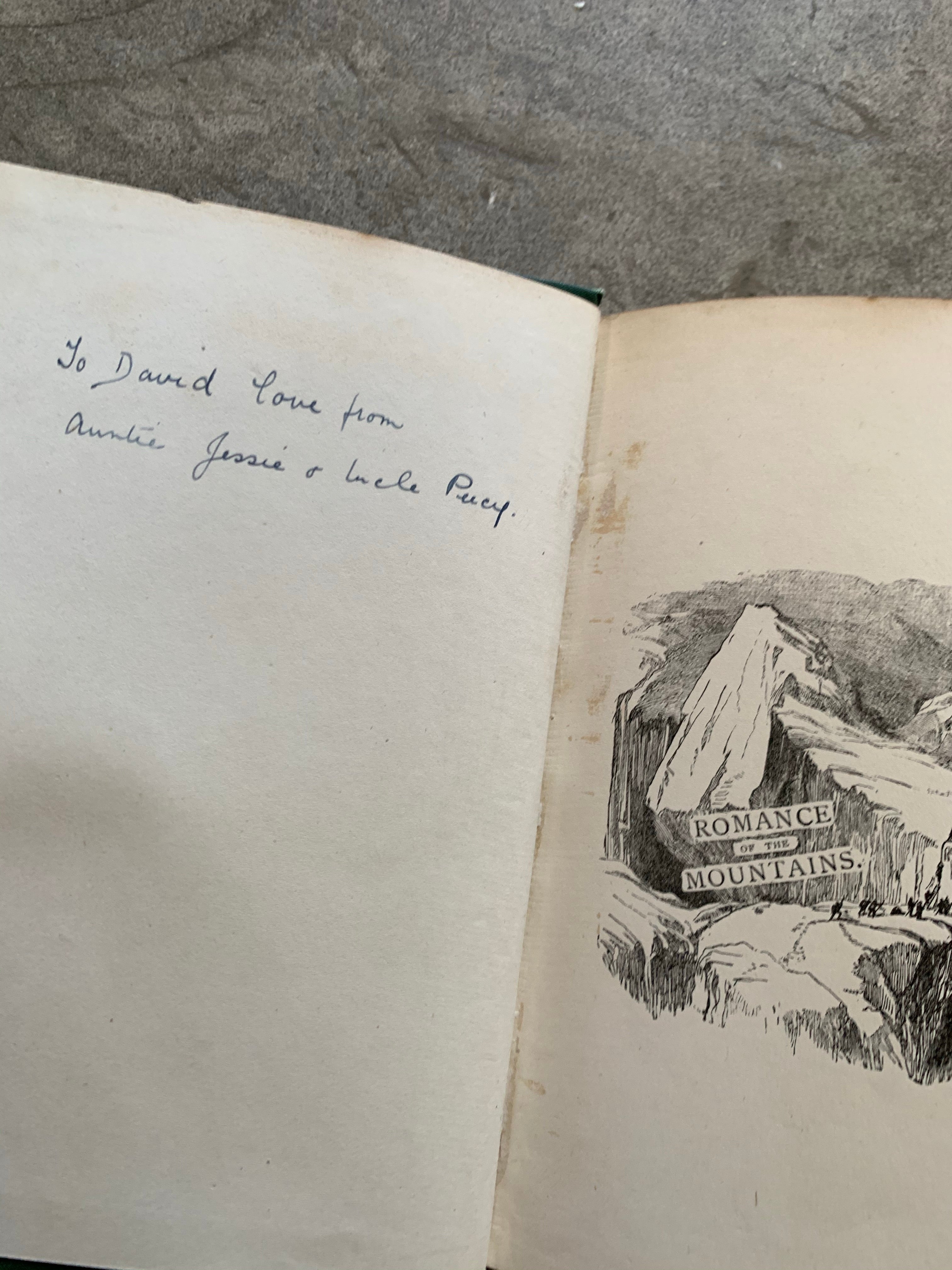 "The Romance of the Mountains" - Vintage Book in green tones