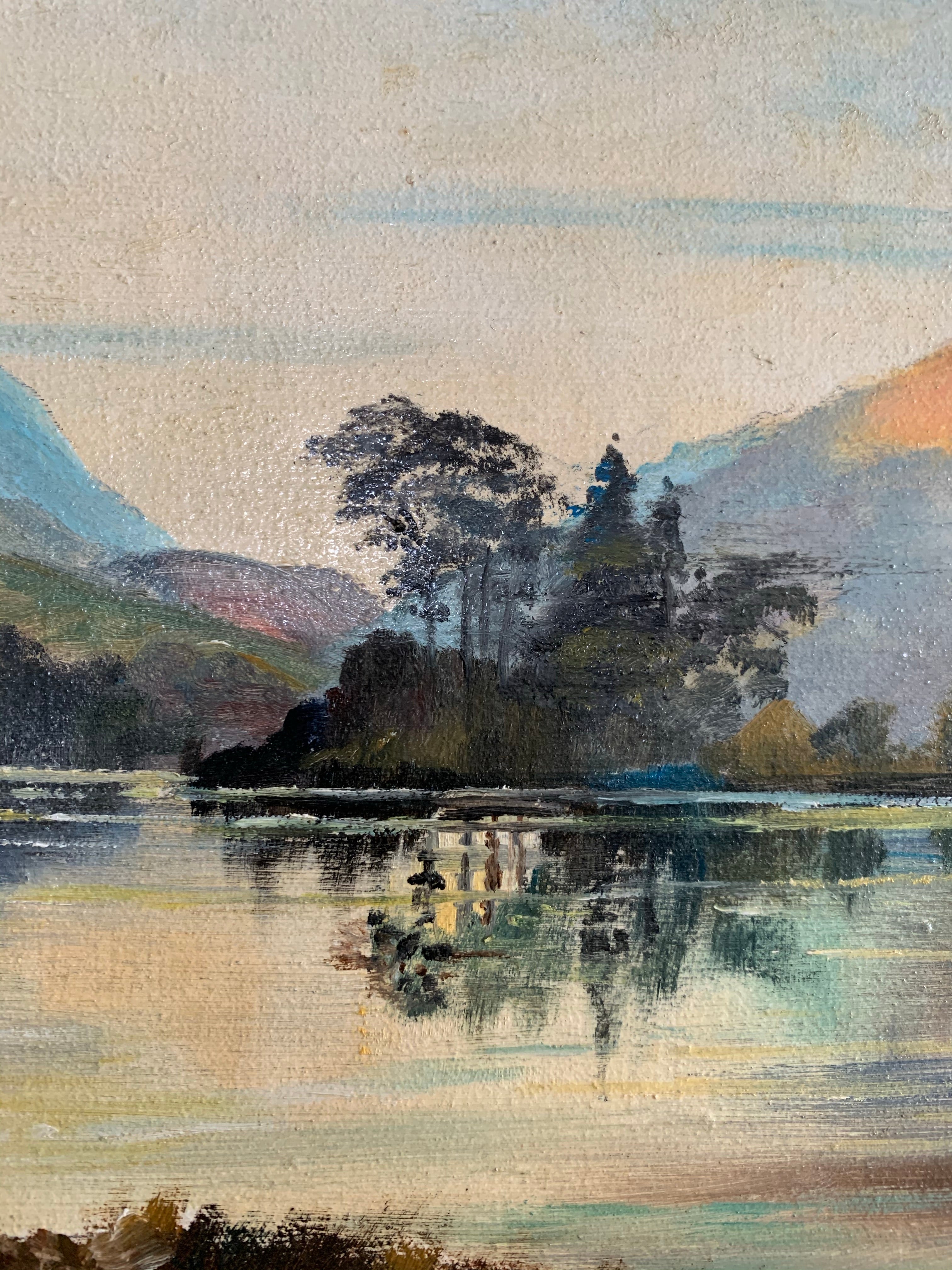 A Lake at Sunset:  Signed Oil on Canvas