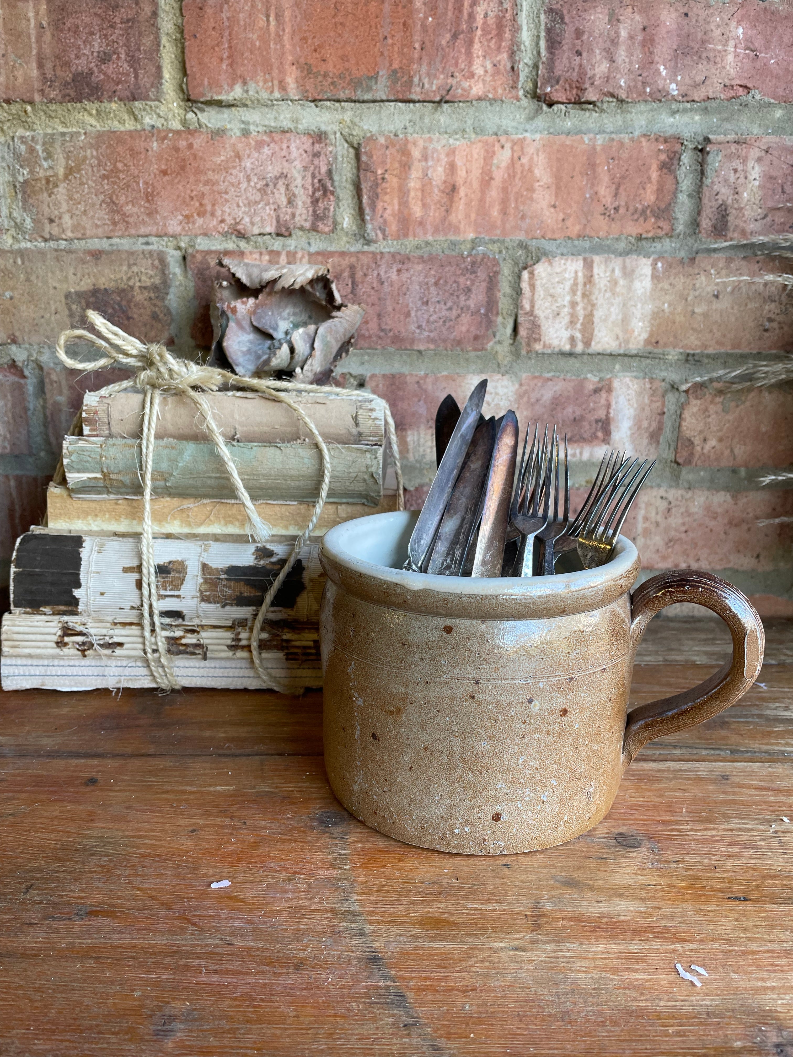 French Earthenware Salt Glazed Pot with Handle