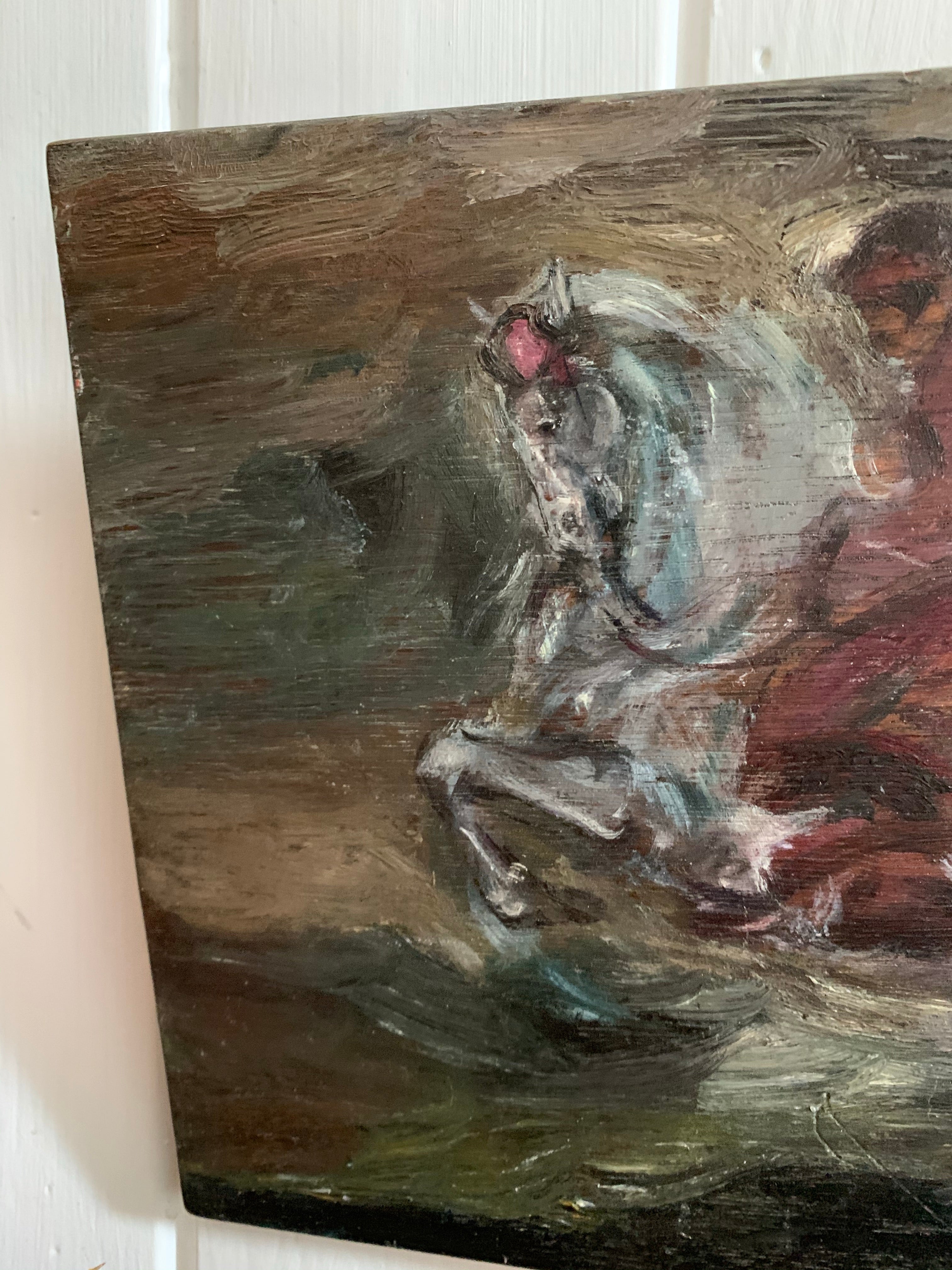 Galloping Horse & Rider: Mini Antique Oil on Wood