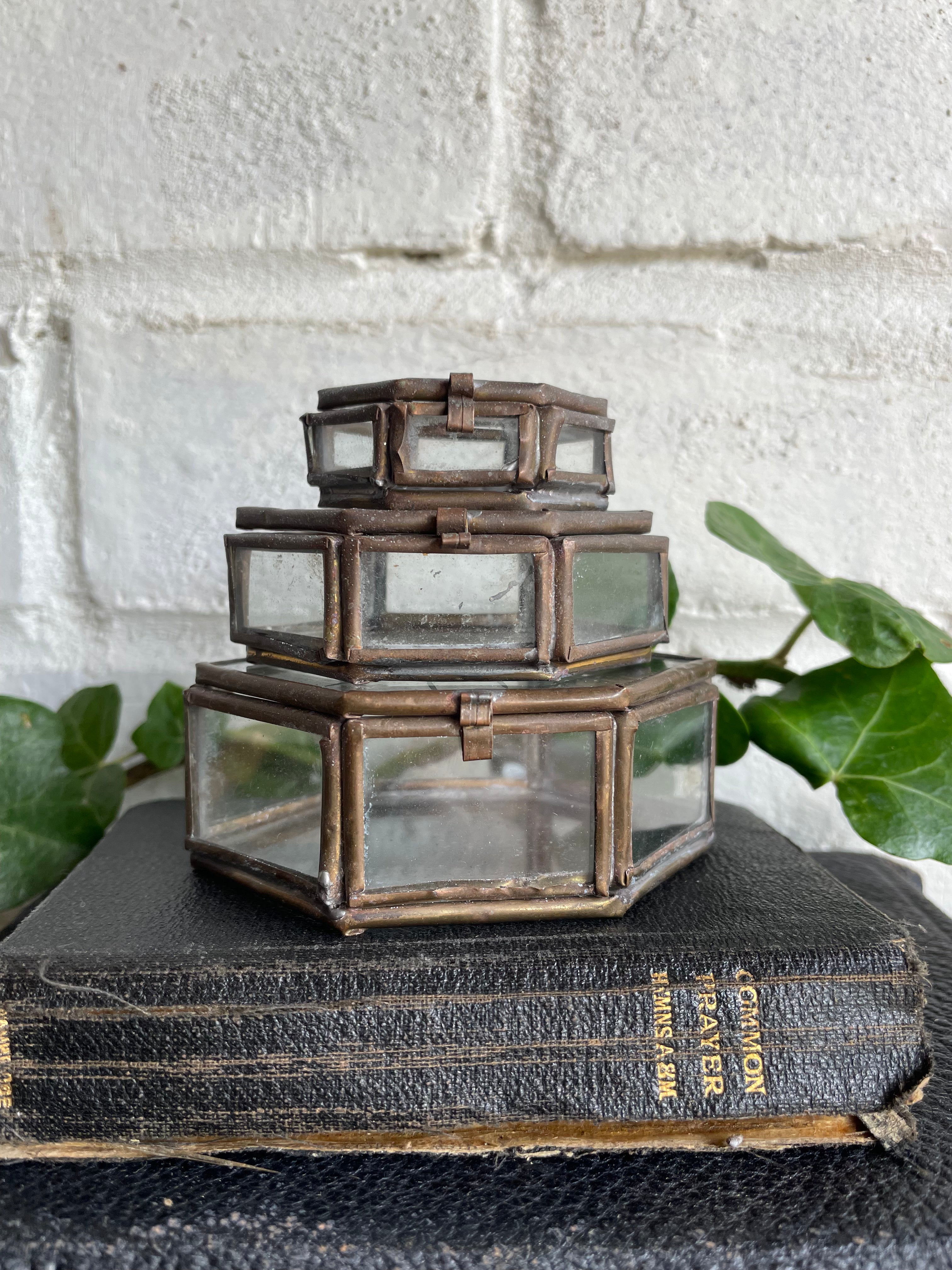 Trio of Tiny Stacking/Nesting Glass & Metal Trinket Boxes