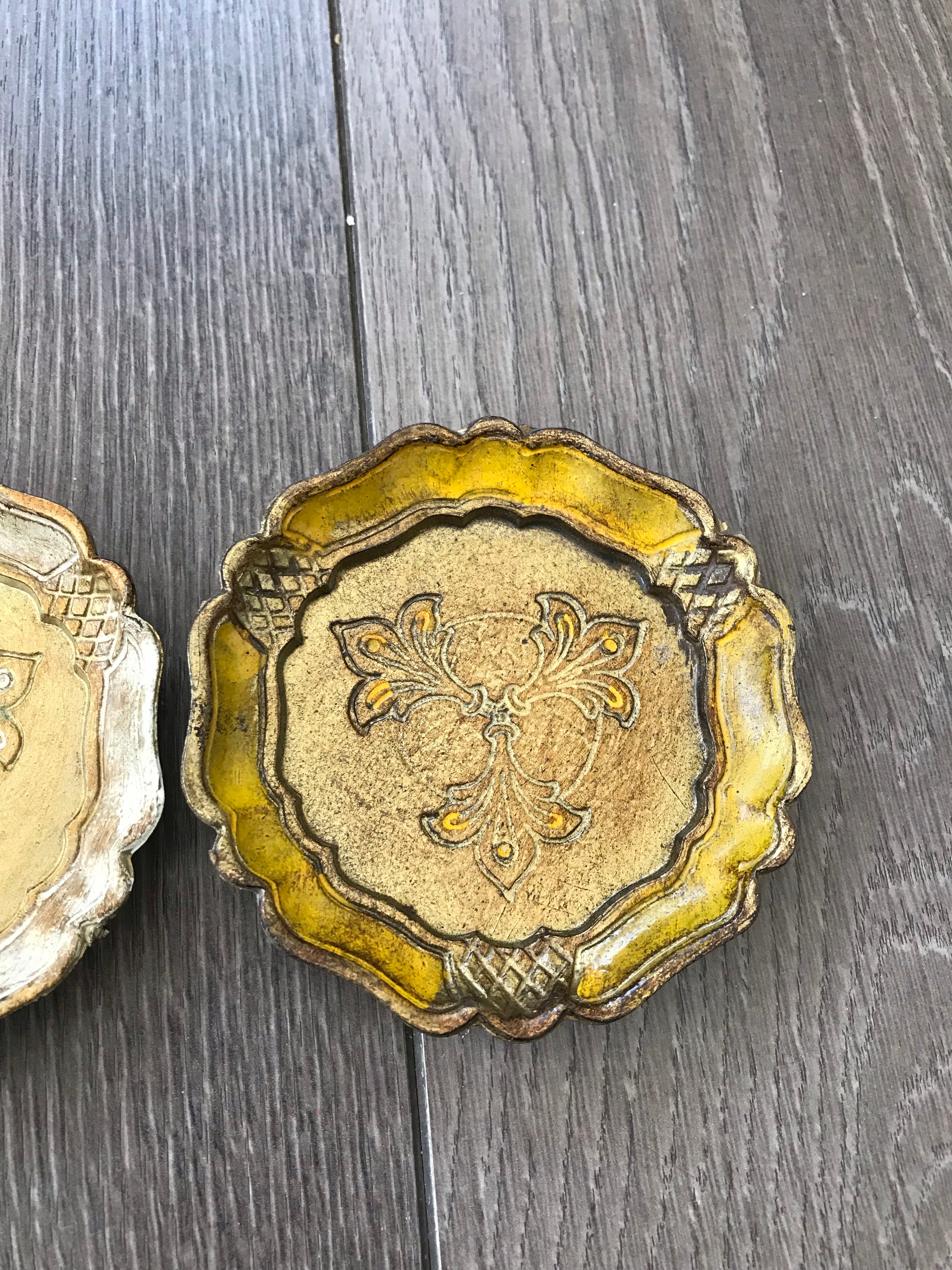 Set of Four Vintage Italian Florentine Coasters - Gold, white and yellow.