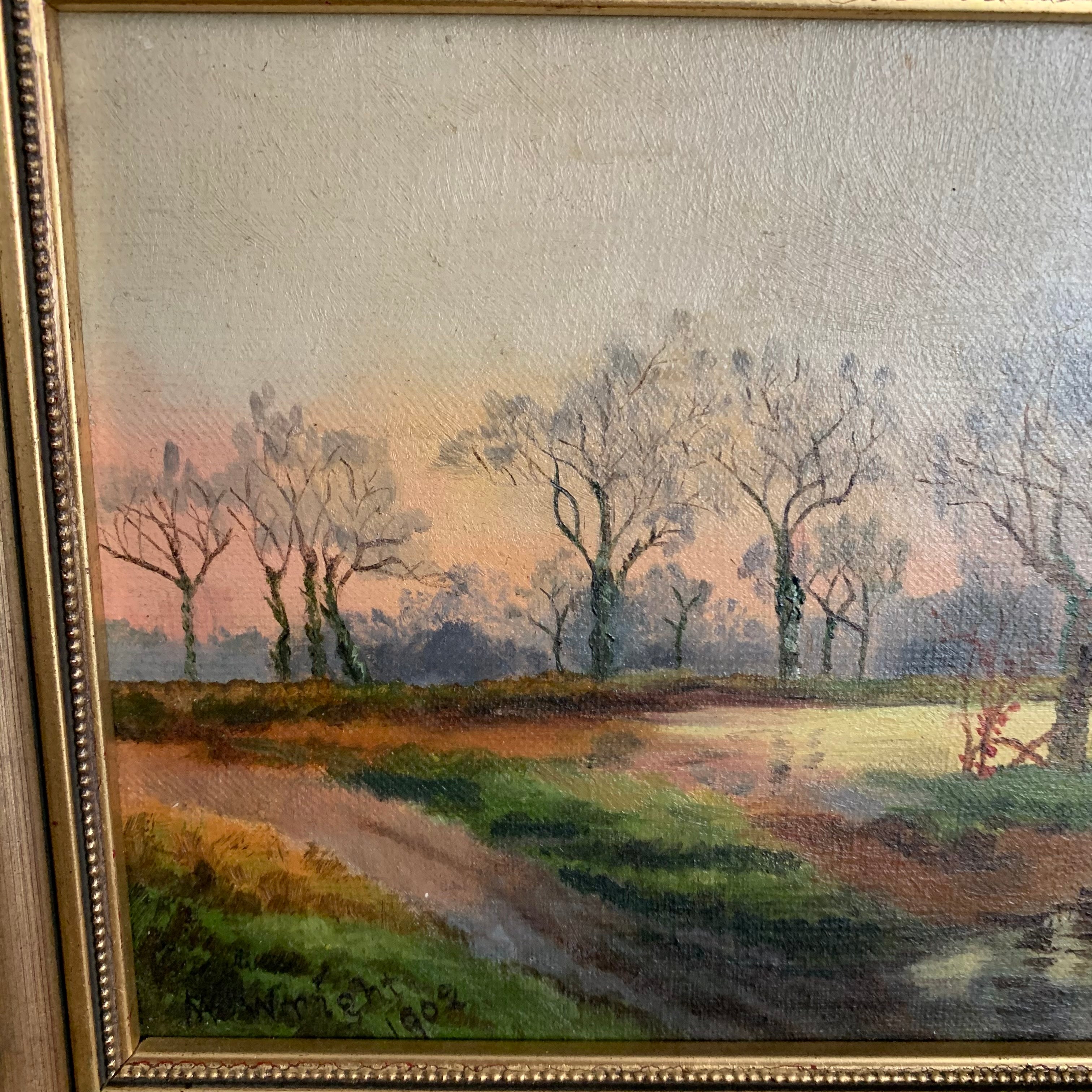 A Landscape at Dusk: Antique Oil, signed and dated 1902