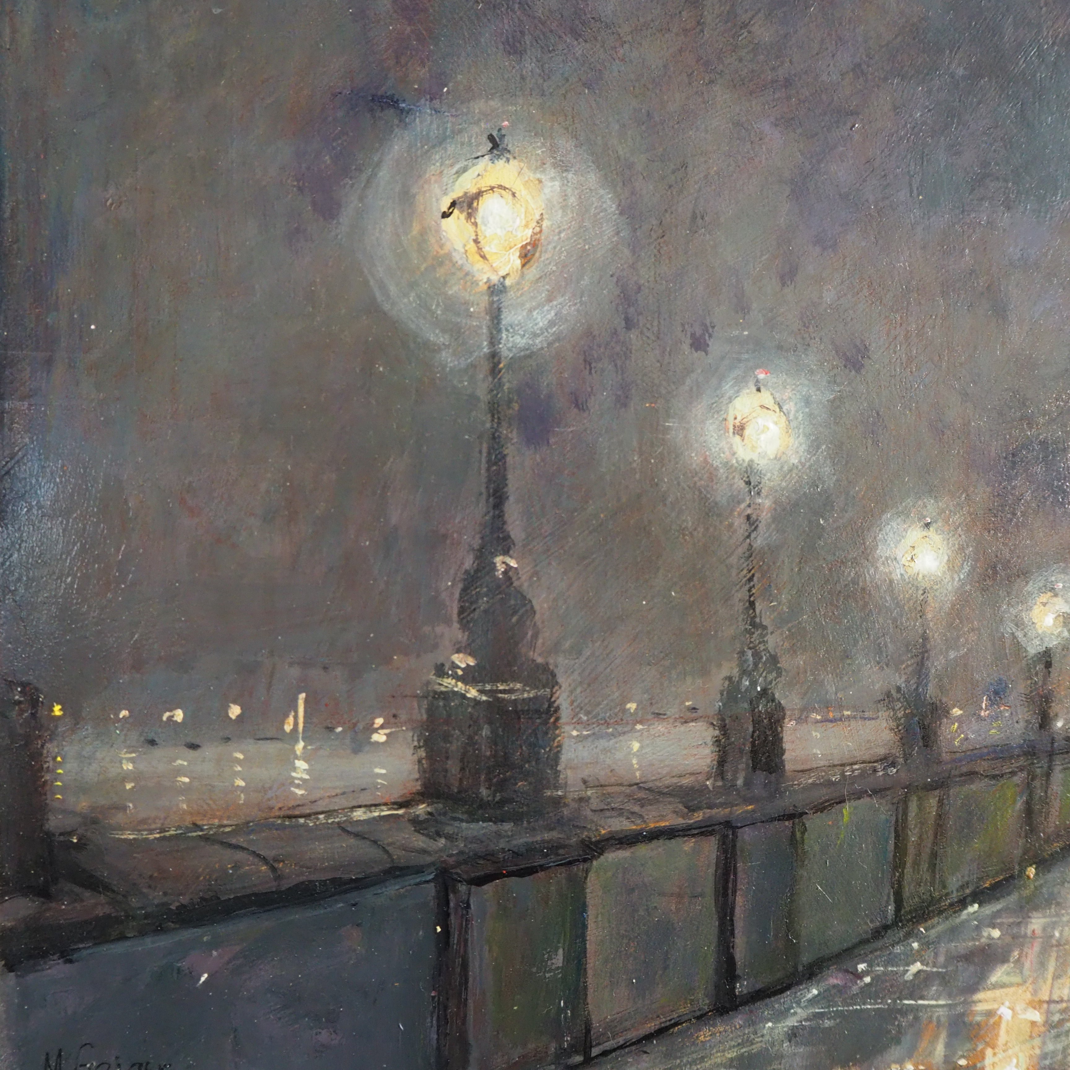 Night Scene: Small Oil on Board with Gesso Frame