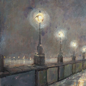 Night Scene: Small Oil on Board with Gesso Frame
