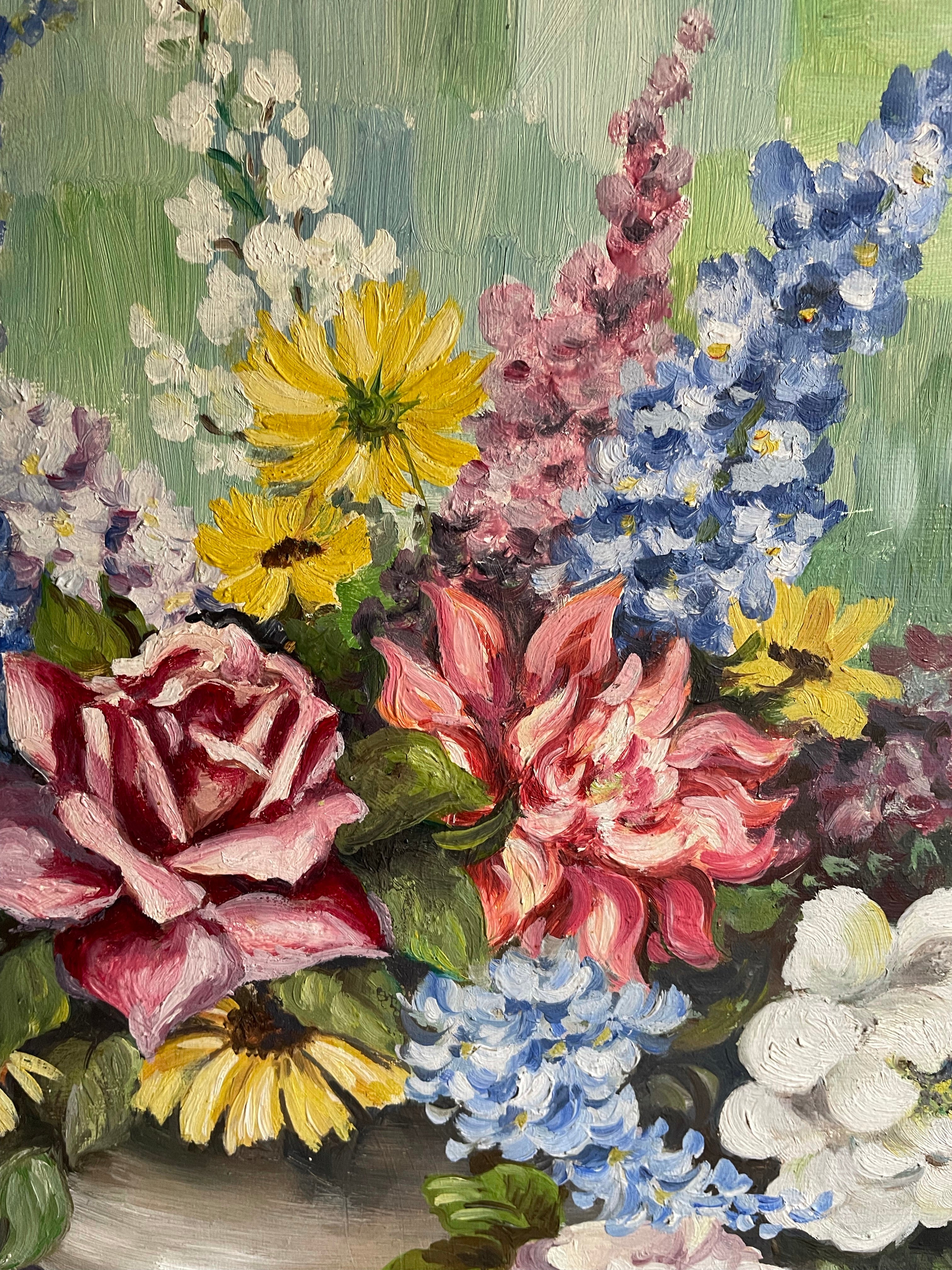 Mid Century Floral Oil on Board with Cream Wood Frame
