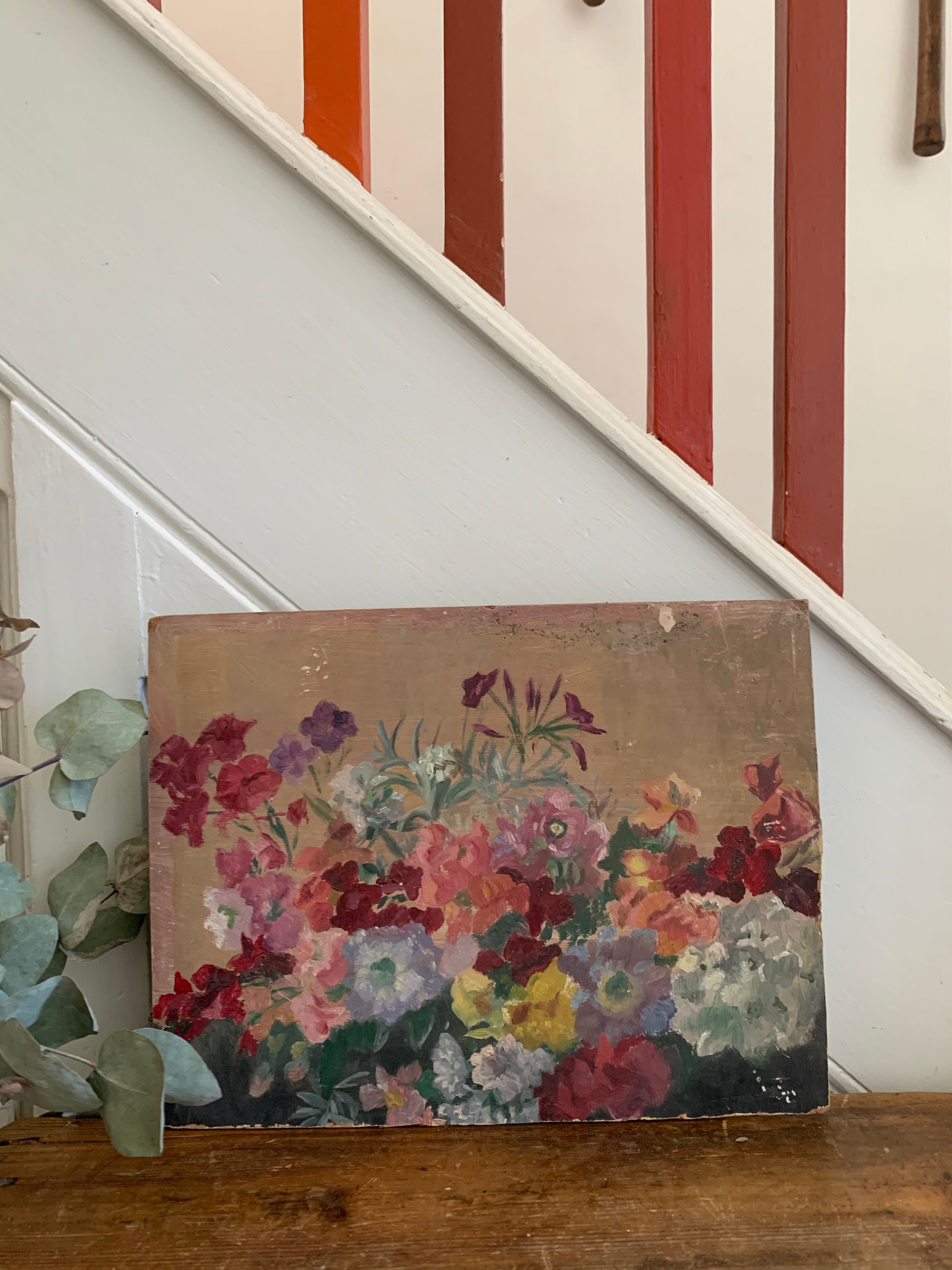 Small Vintage Floral Oil on Board