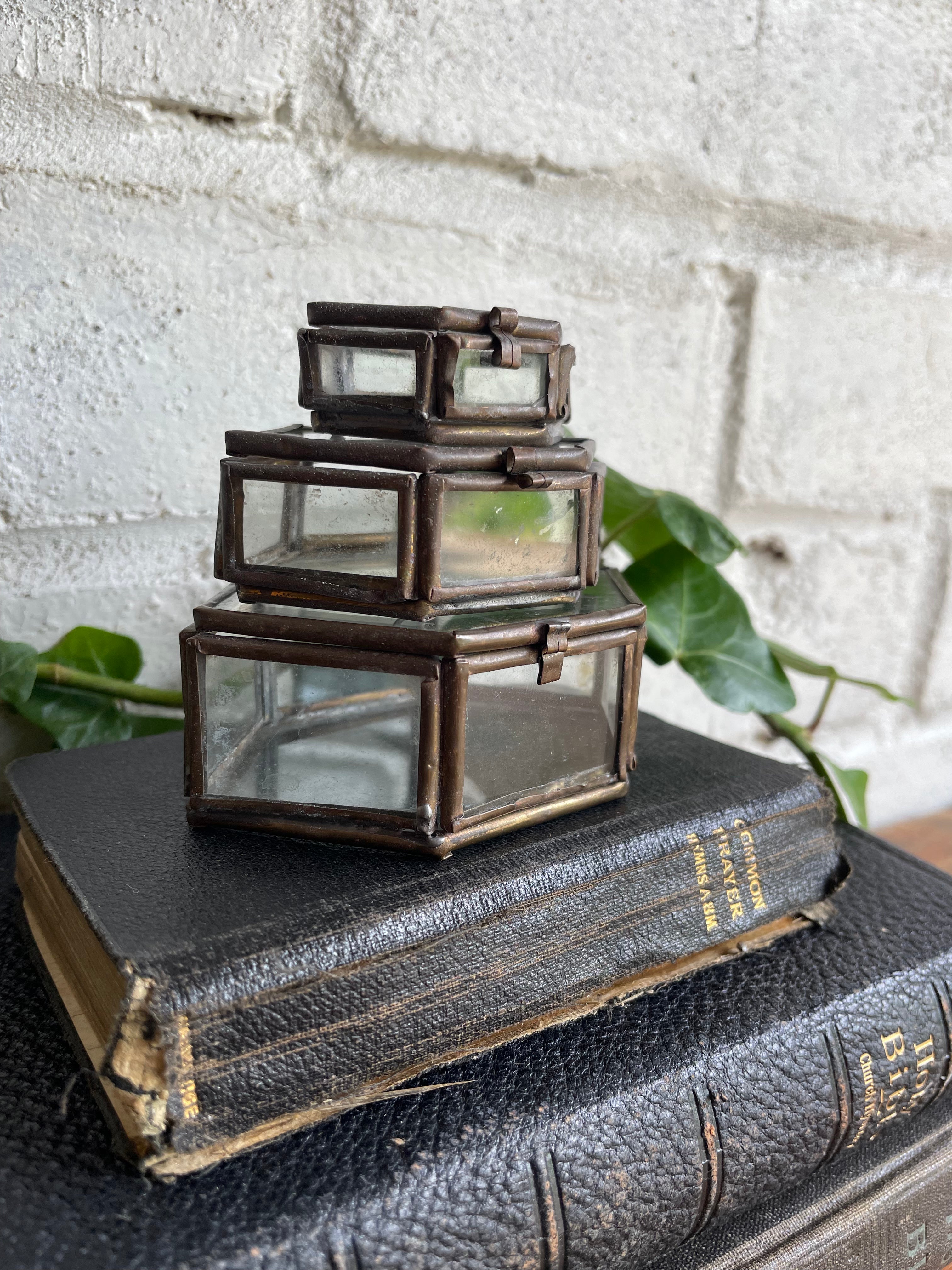 Trio of Tiny Stacking/Nesting Glass & Metal Trinket Boxes