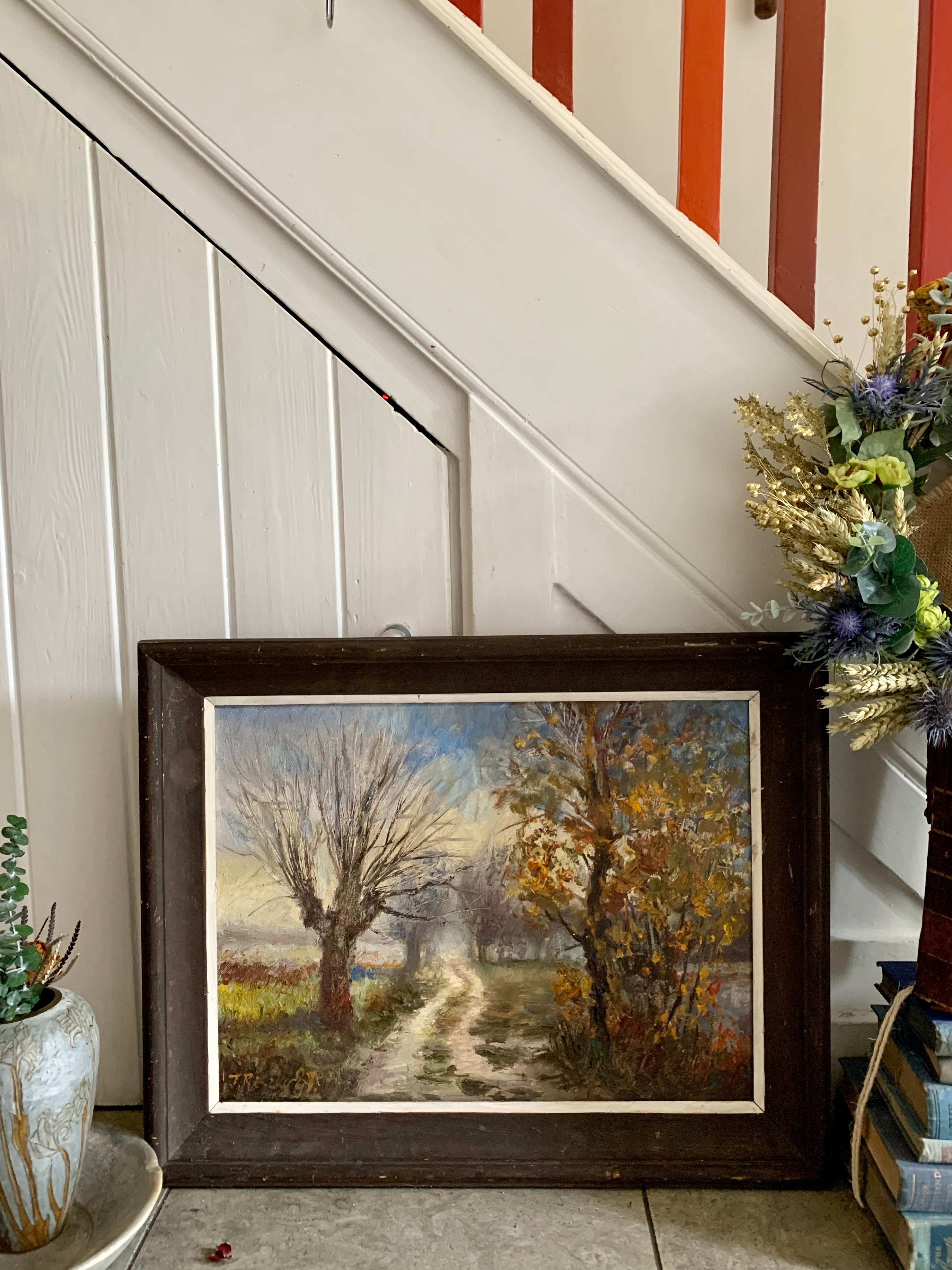 Midcentury Oil on Canvas: A path through the trees