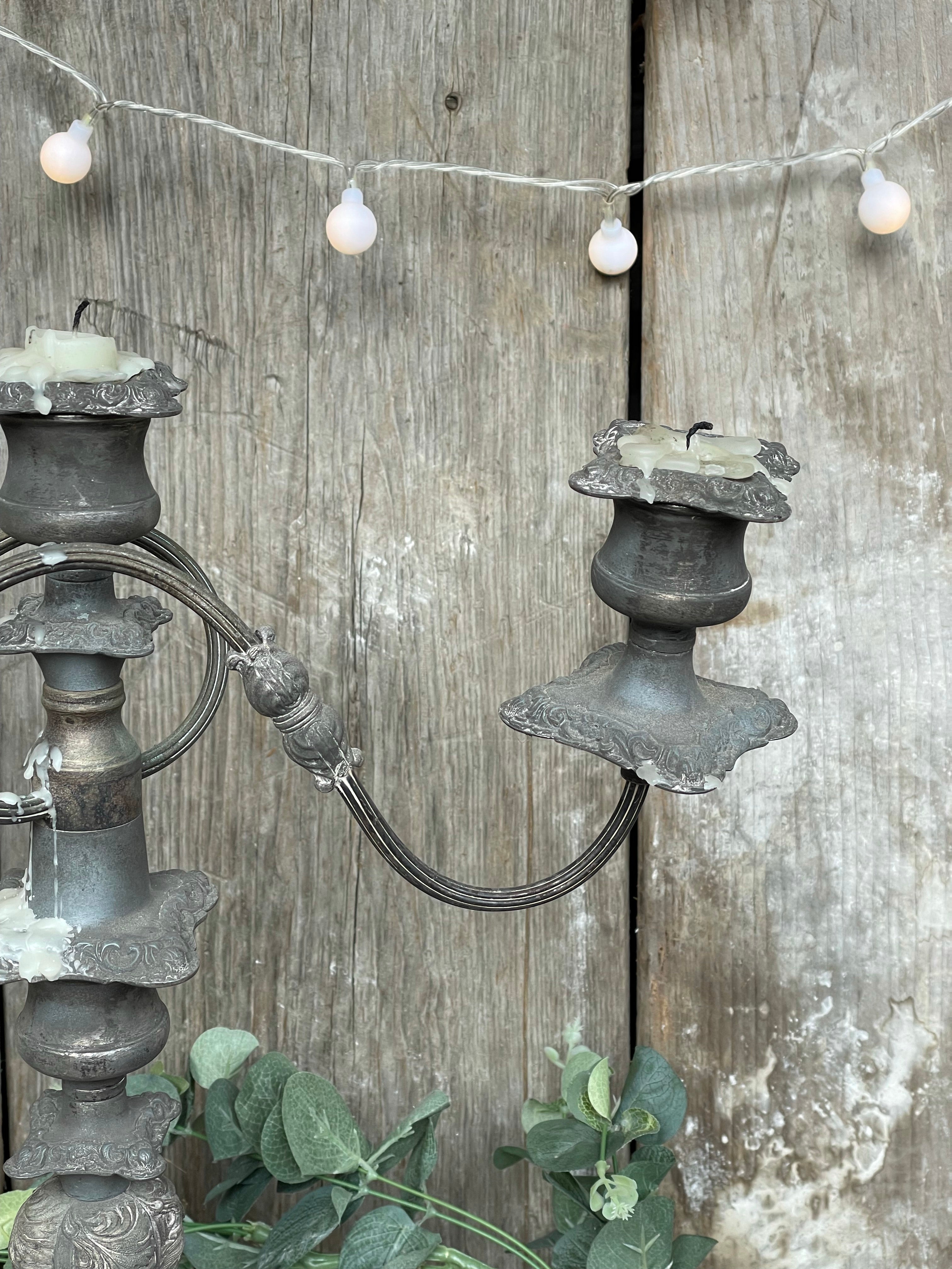 Pair of Silver-Plated Three-Tiered Candelabra with Glorious Patina