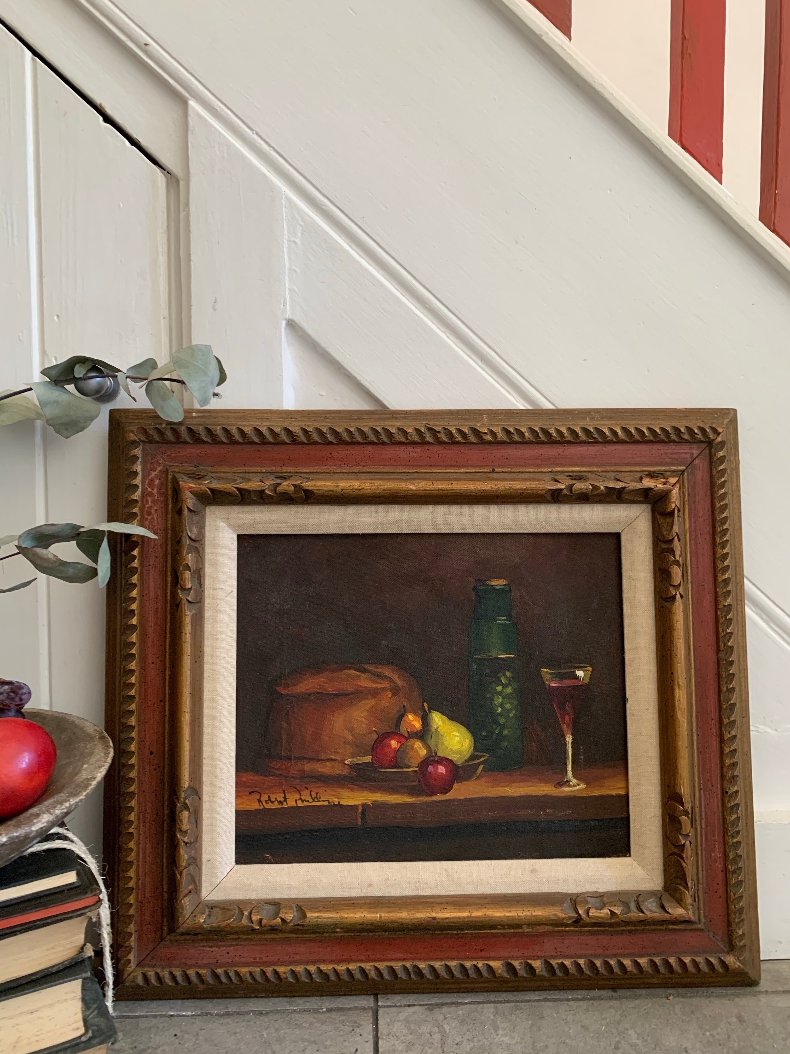 Still-Life with fruit, bread & wine: Gilt Framed Oil on Canvas