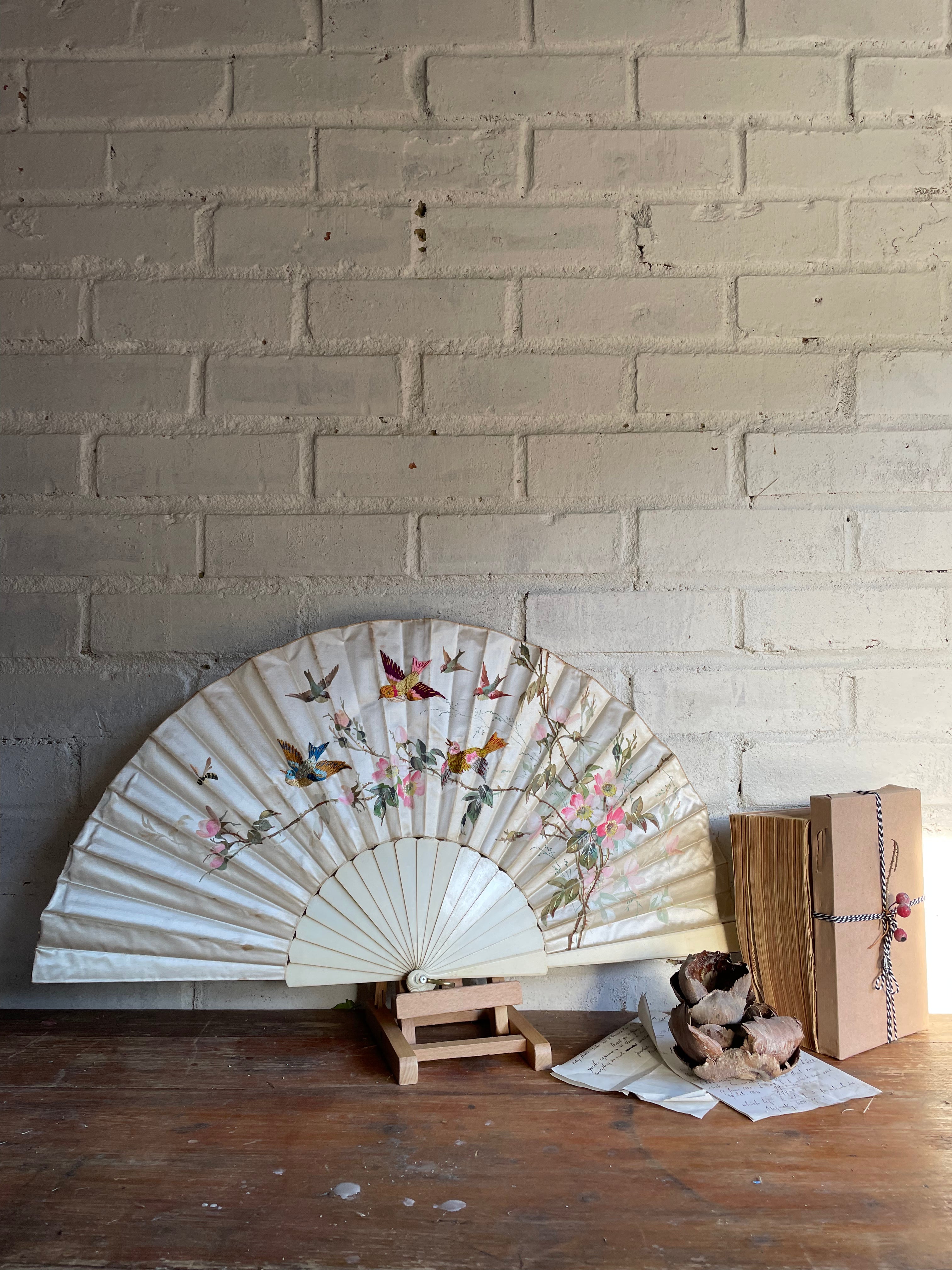 19th Century Hand Embroidered, Painted Silk Fan