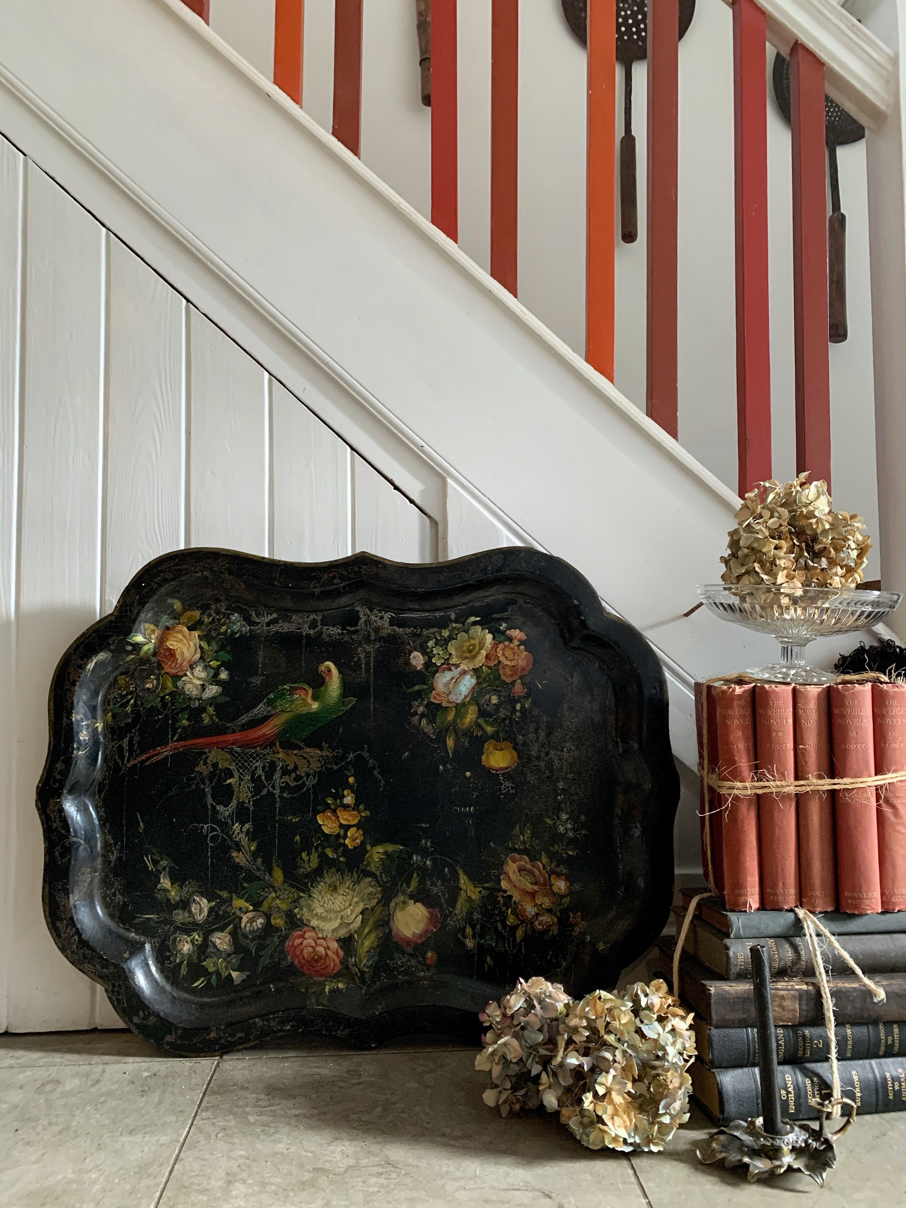 Oversized 19th Century Papier Mache Tray with Parrots & Mother of Pearl