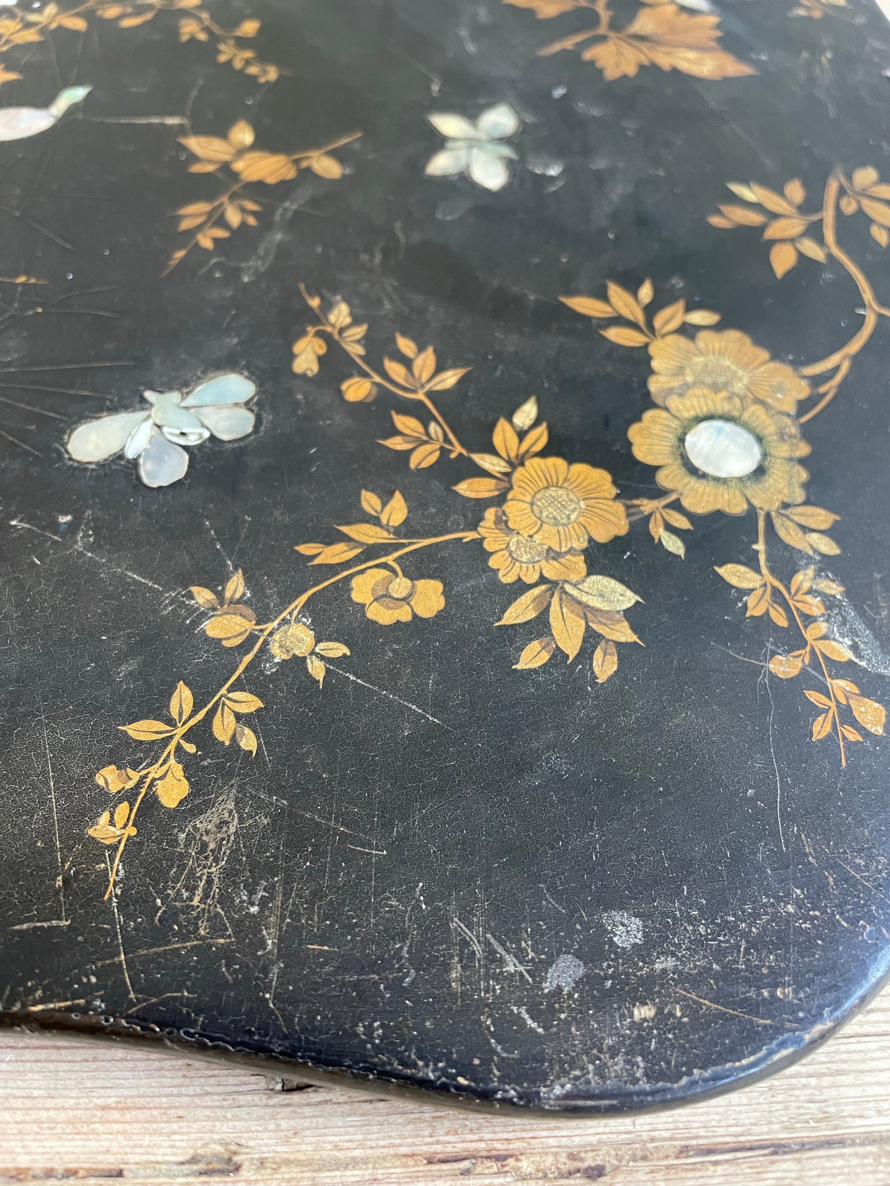 Antique Chinoiserie Panel with Mother of Pearl birds and gold leaf foliage