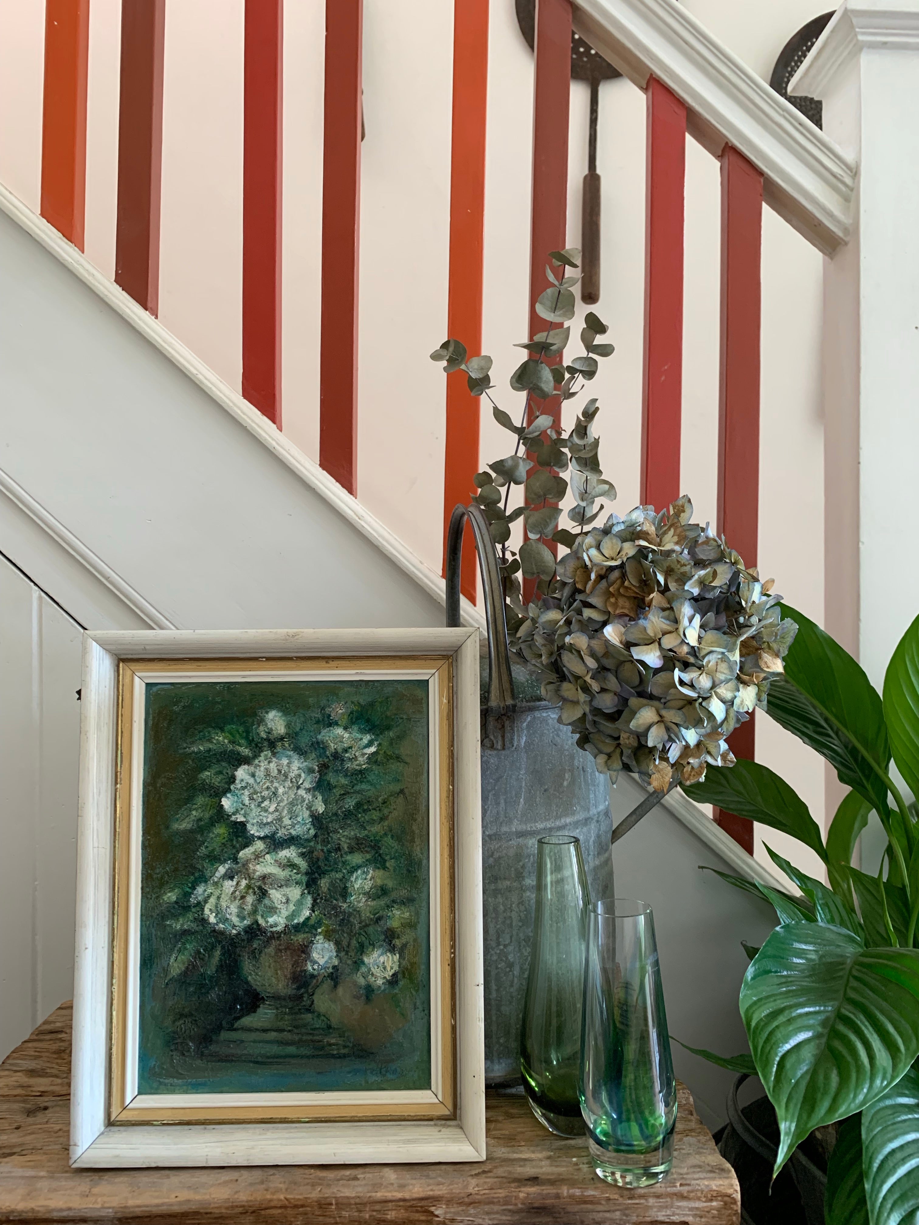 Small Vintage Floral Oil  in shades of green