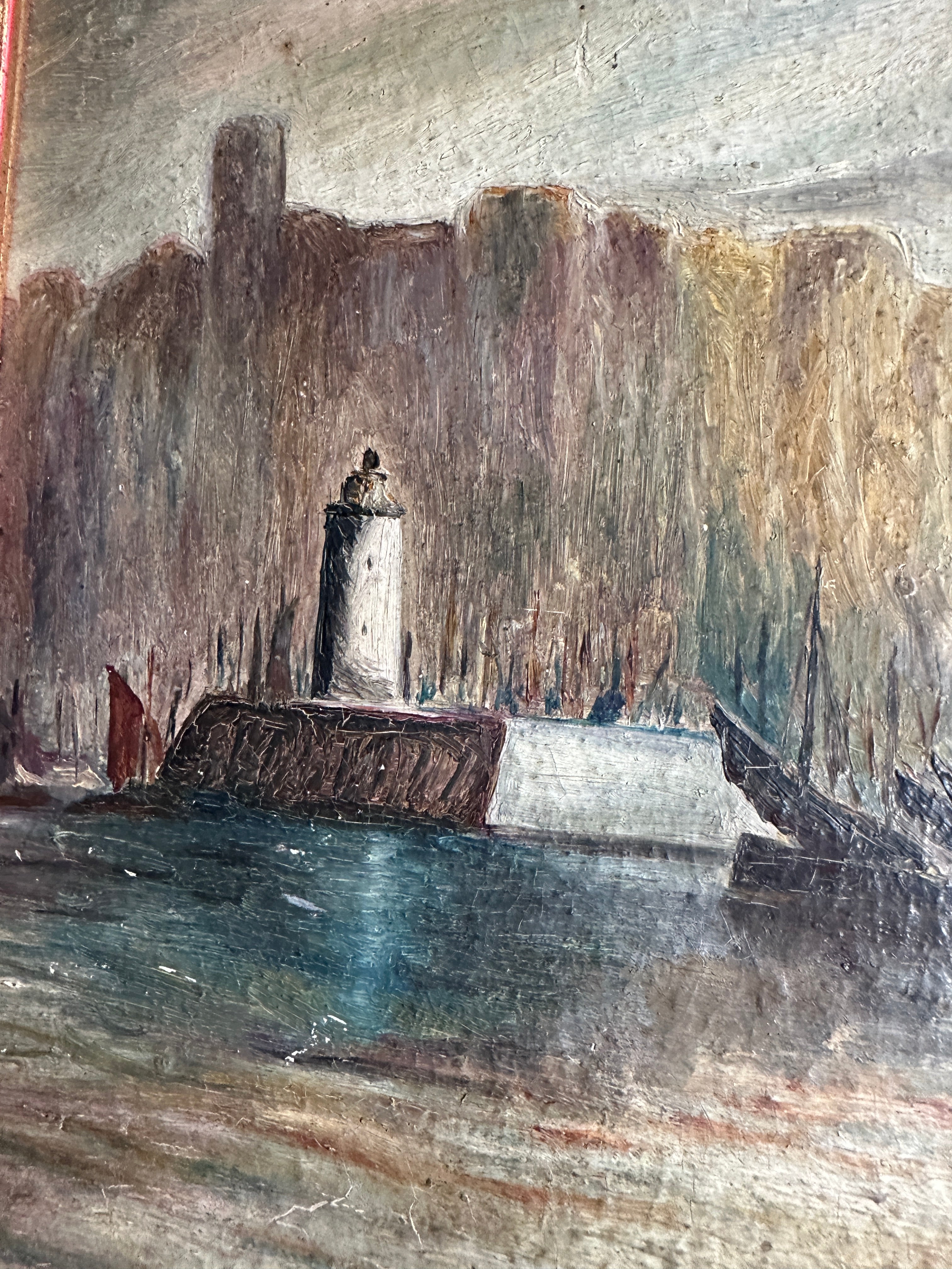 Muted Seascape with Lighthouse: Small Framed Oil on Board