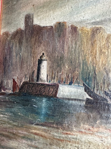 Muted Seascape with Lighthouse: Small Framed Oil on Board