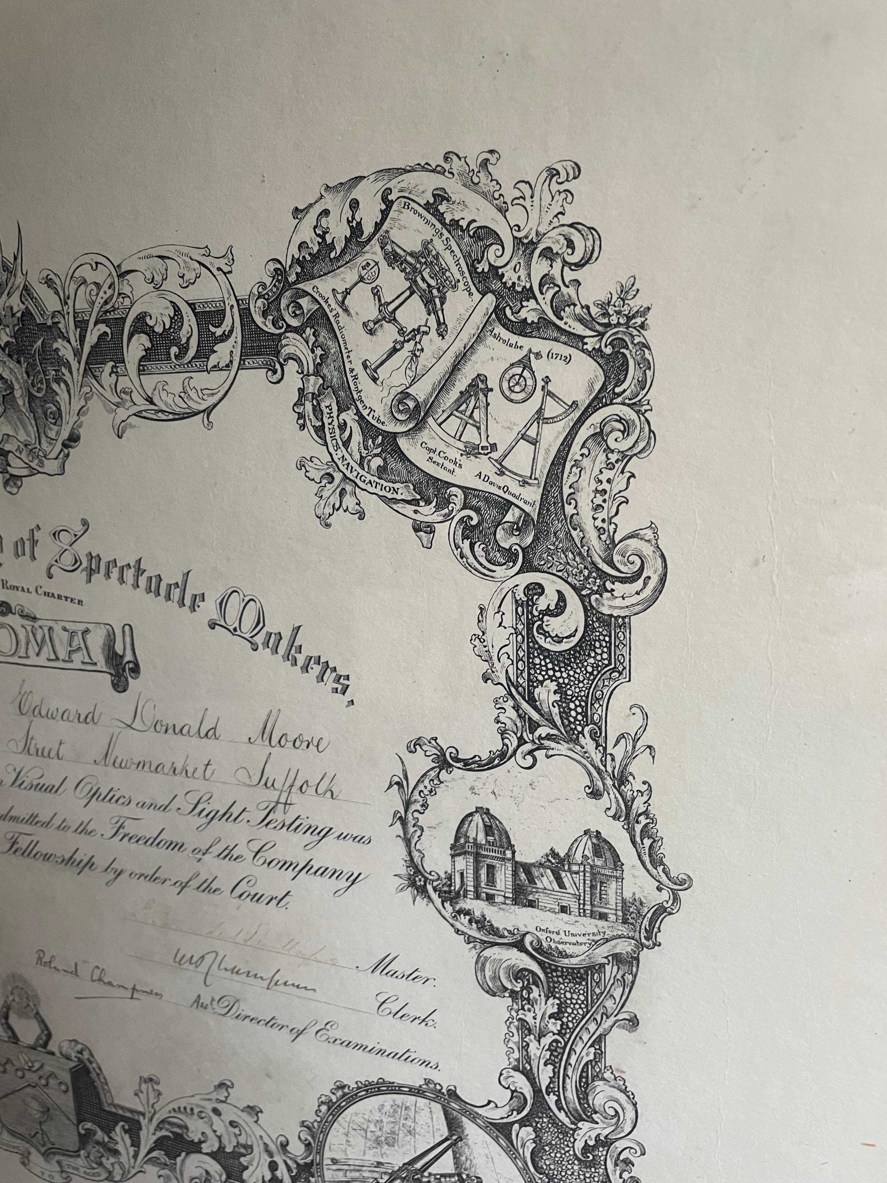 Large Framed 1930s Diploma from “The Worshipful Company of Spectacle Makers”