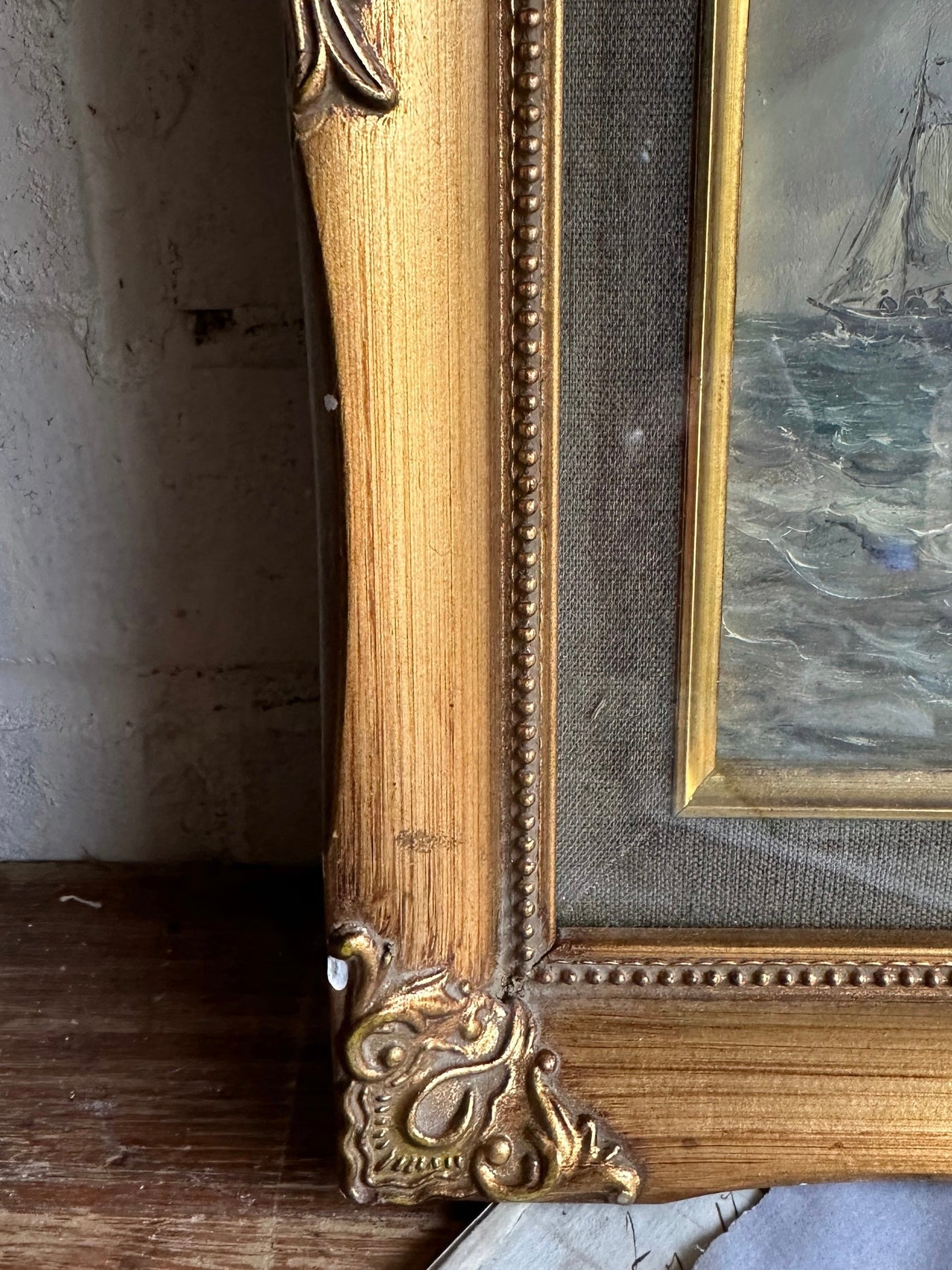 Boats at Sea with Gilt Frame: Antique Oil on Board