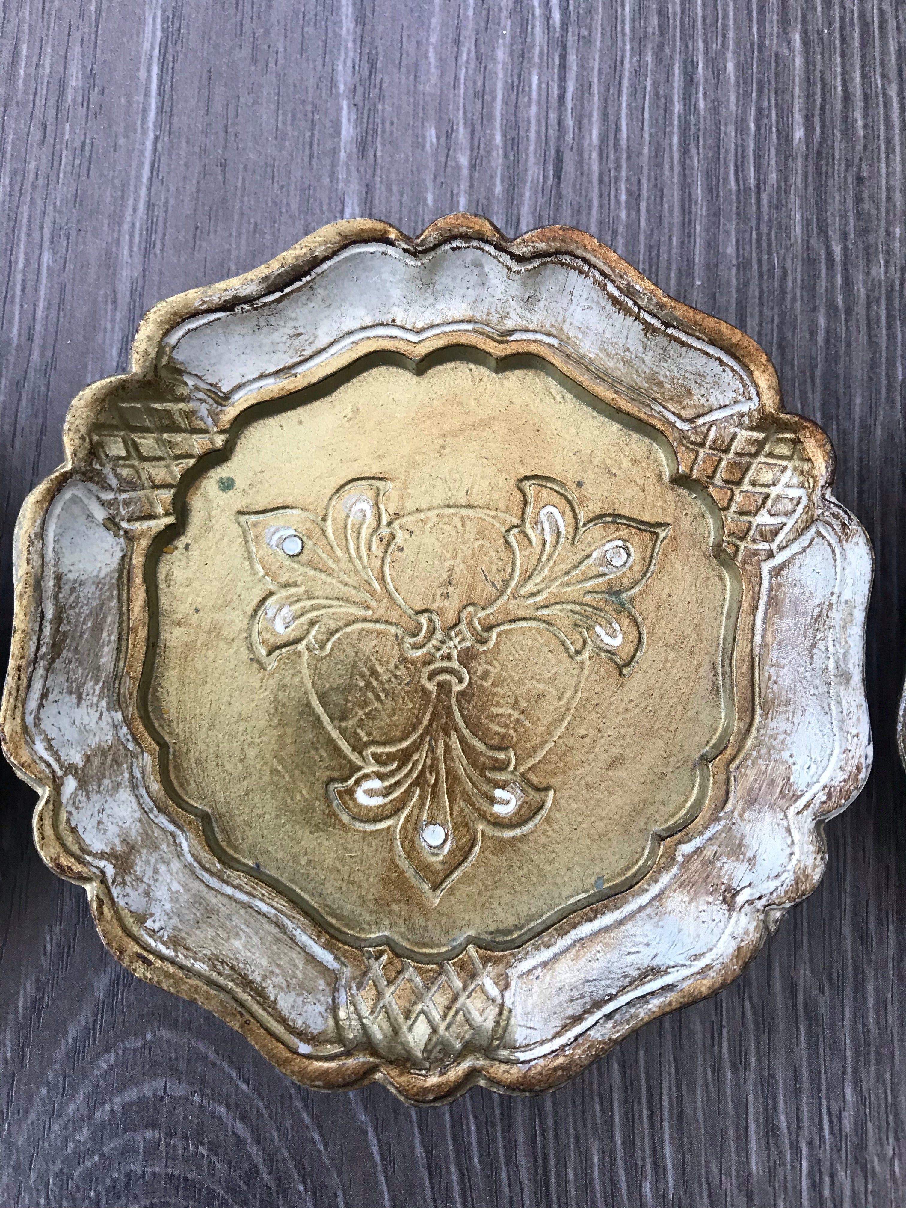 Set of Four Vintage Italian Florentine Coasters - Gold, white and yellow.