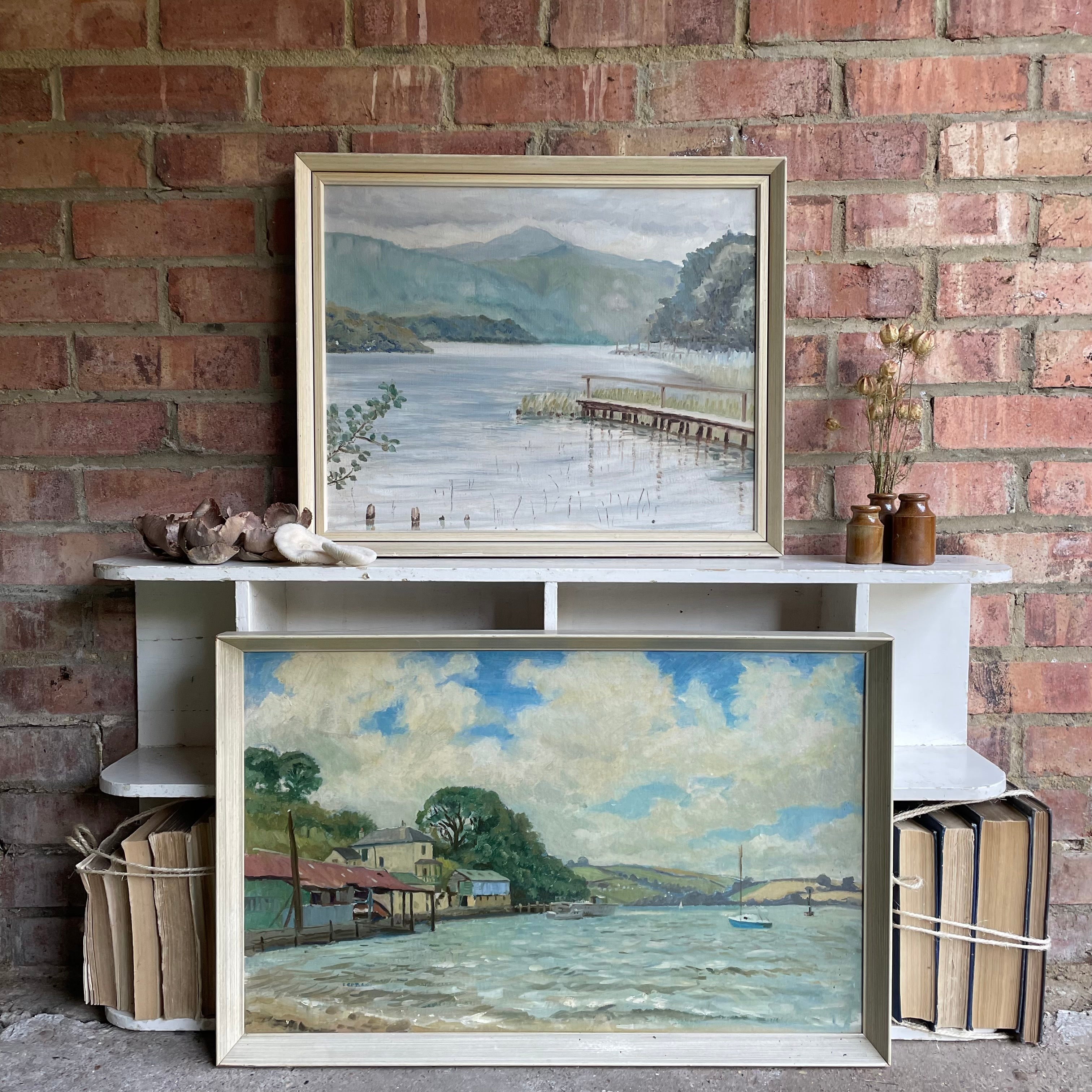 Water and Jetty: Midcentury Oil on Board