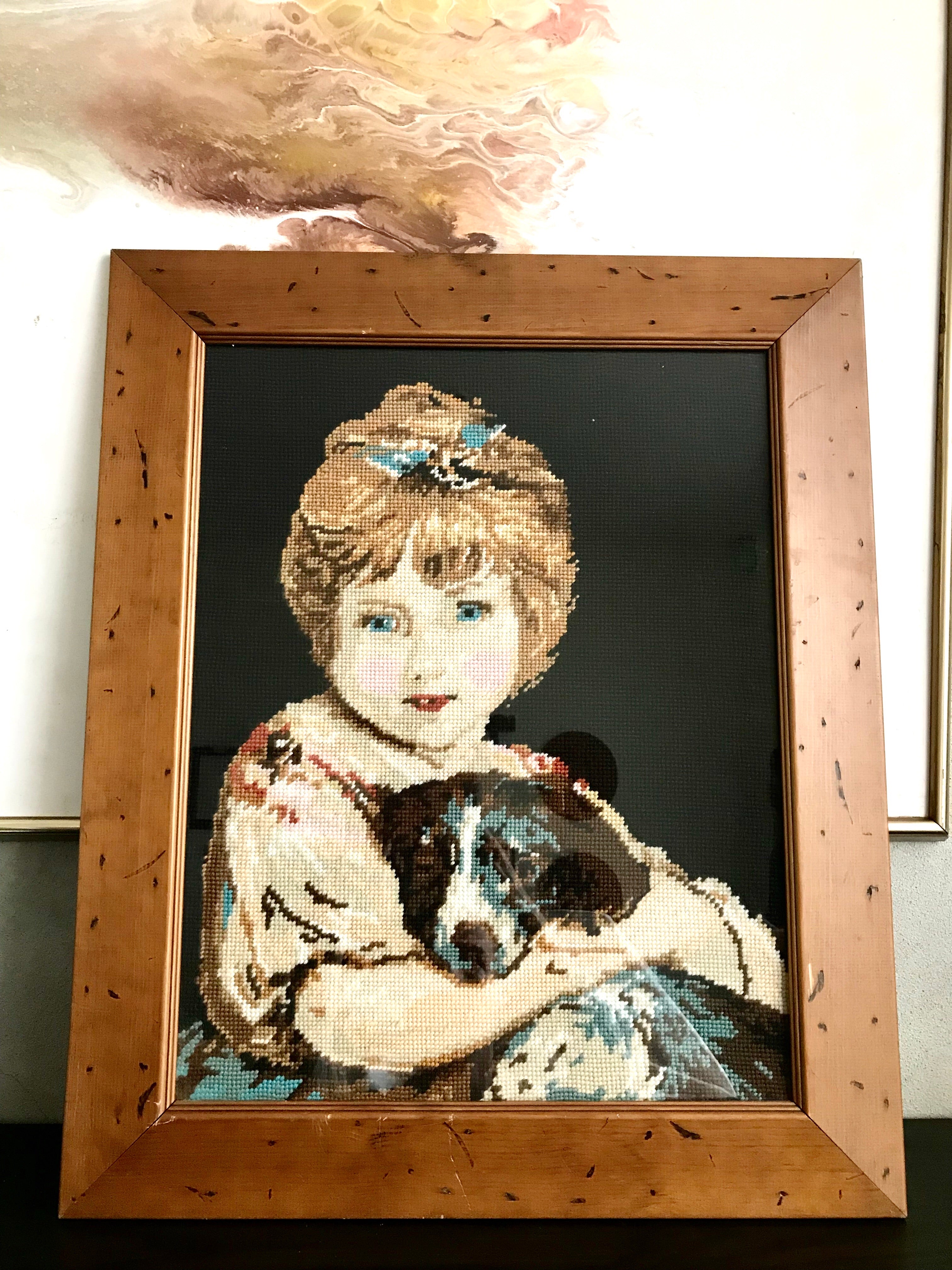 Framed Large Tapestry of Girl and Dog