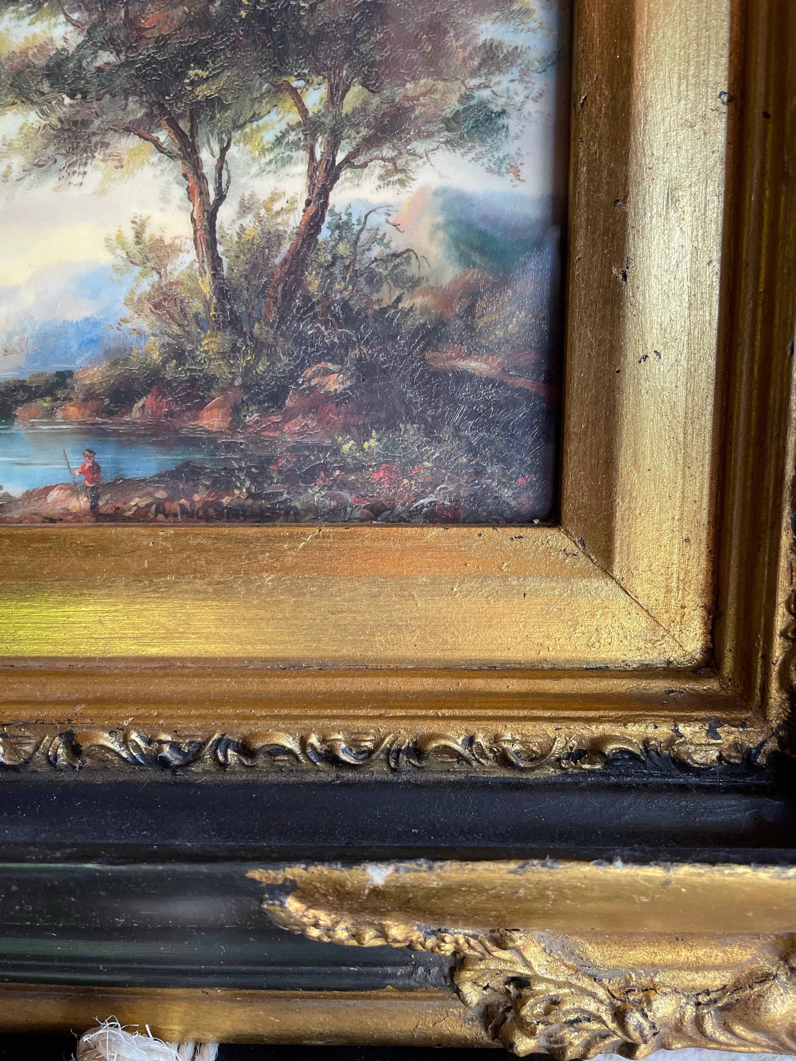 Small Antique Landscape on Board with Gilt & Black Frame