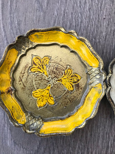 Set of Four Vintage Italian Florentine Coasters - Gold, white and yellow.