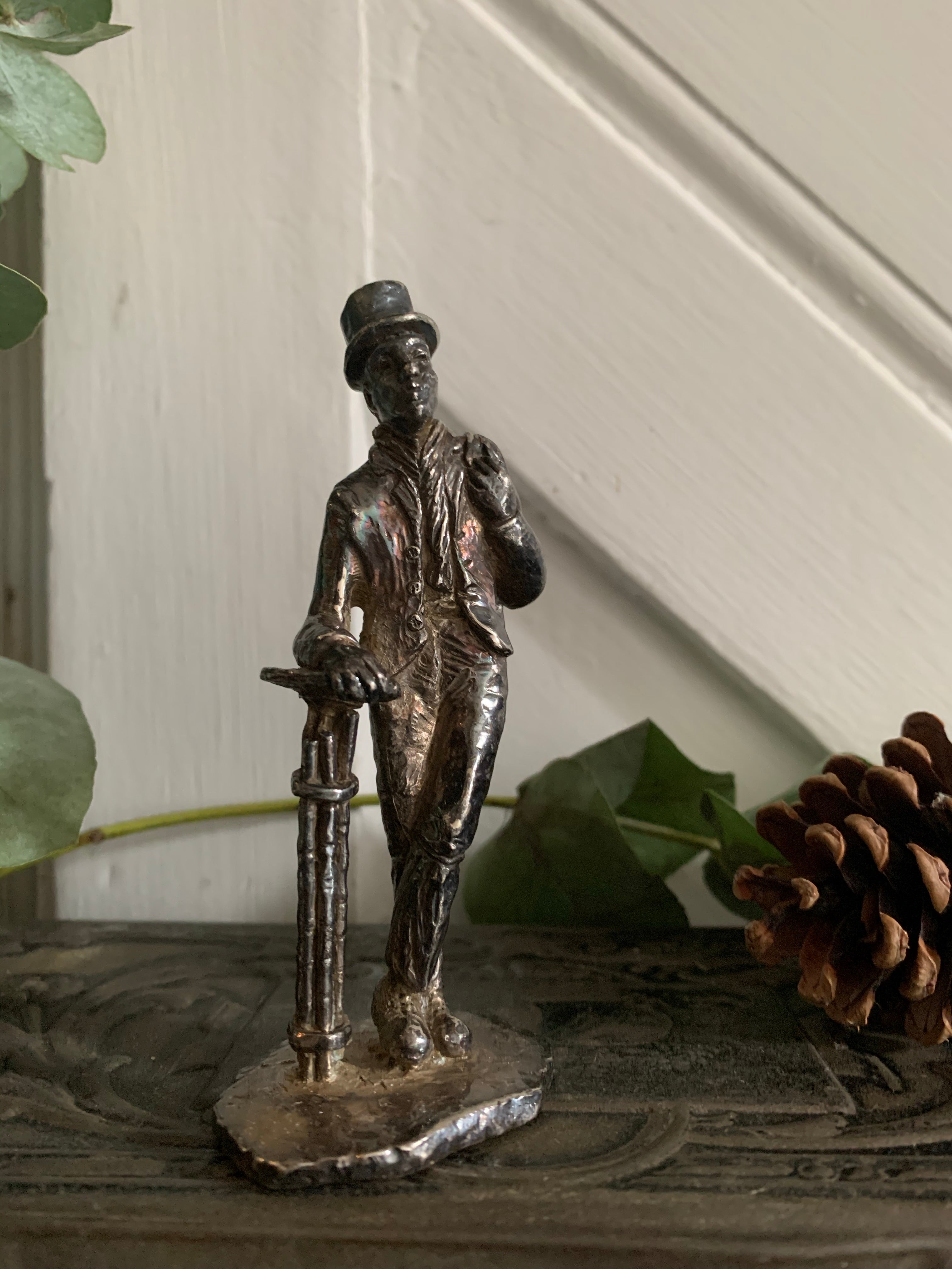 Little English Pewter Figurine -Man with Hat and Bag