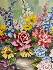 Mid Century Floral Oil on Board with Cream Wood Frame