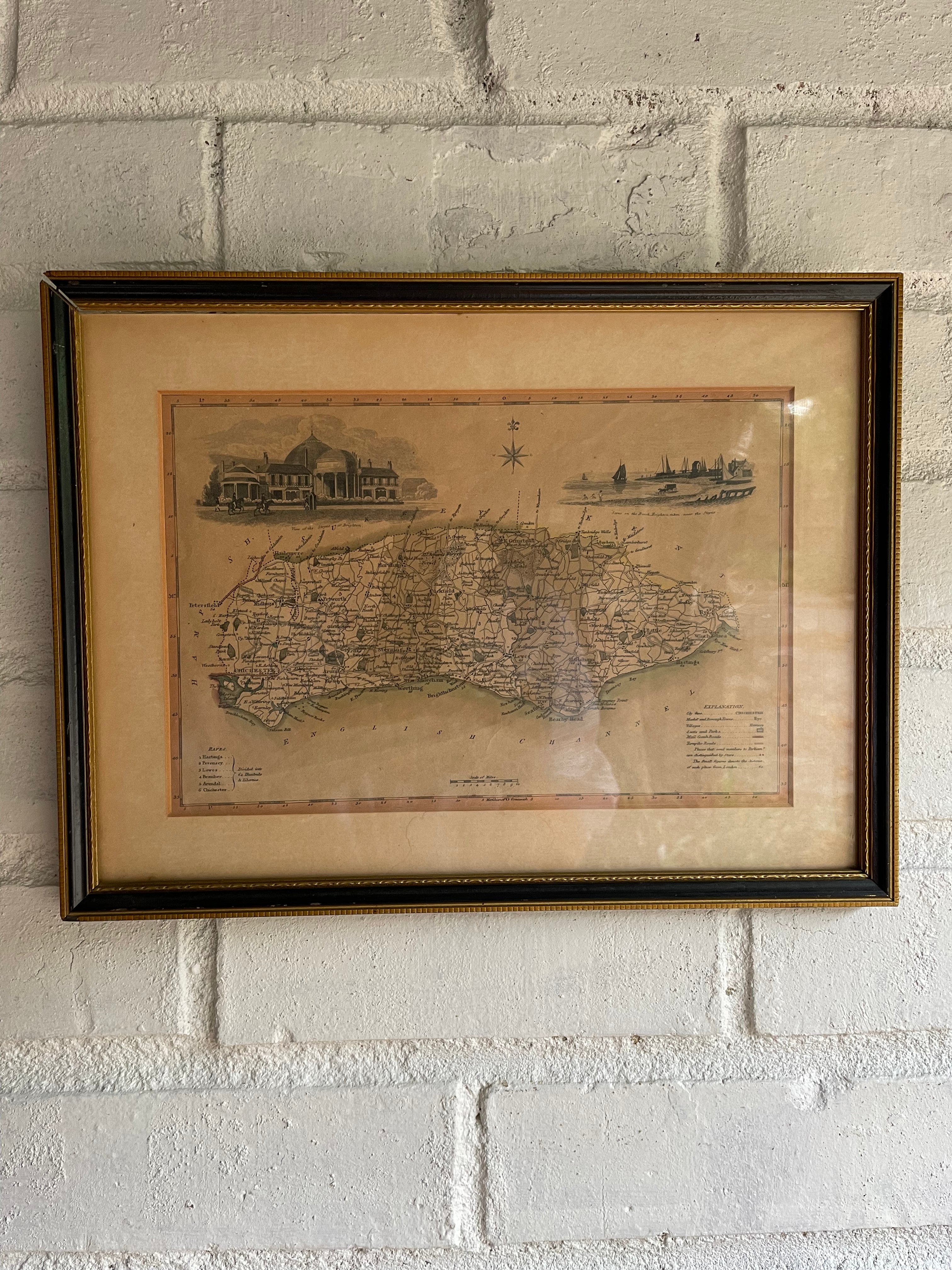 Framed 19th Century Hand-Coloured Map of Sussex