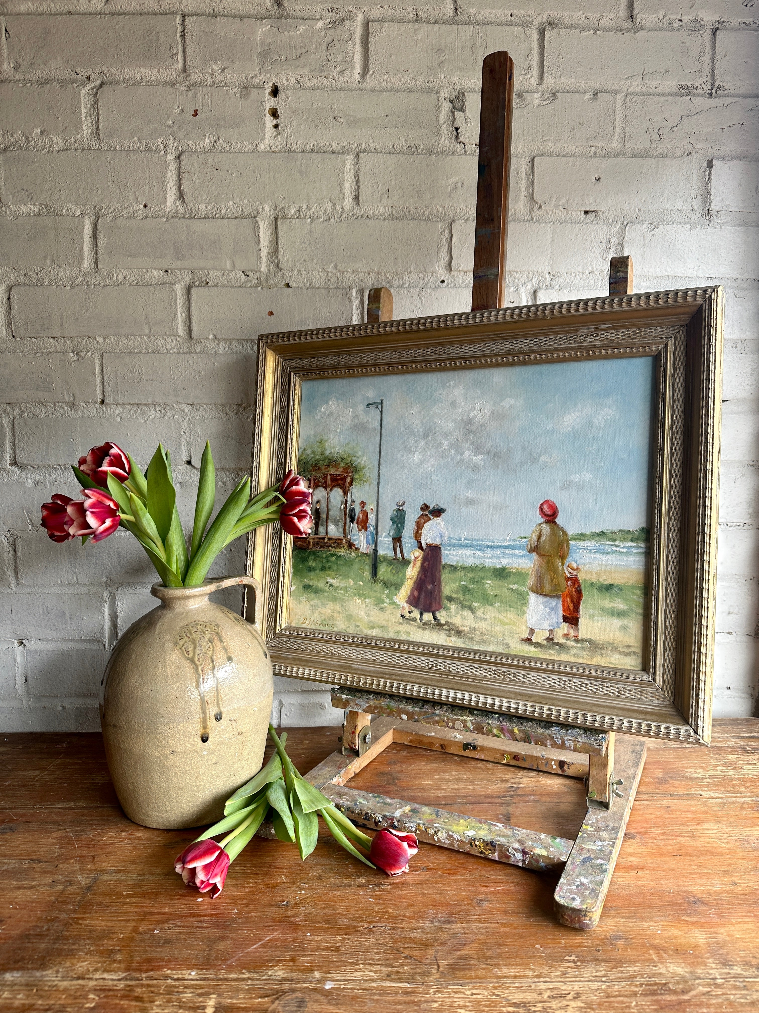 Edwardian Lakeside Scene: Vintage Oil on Board
