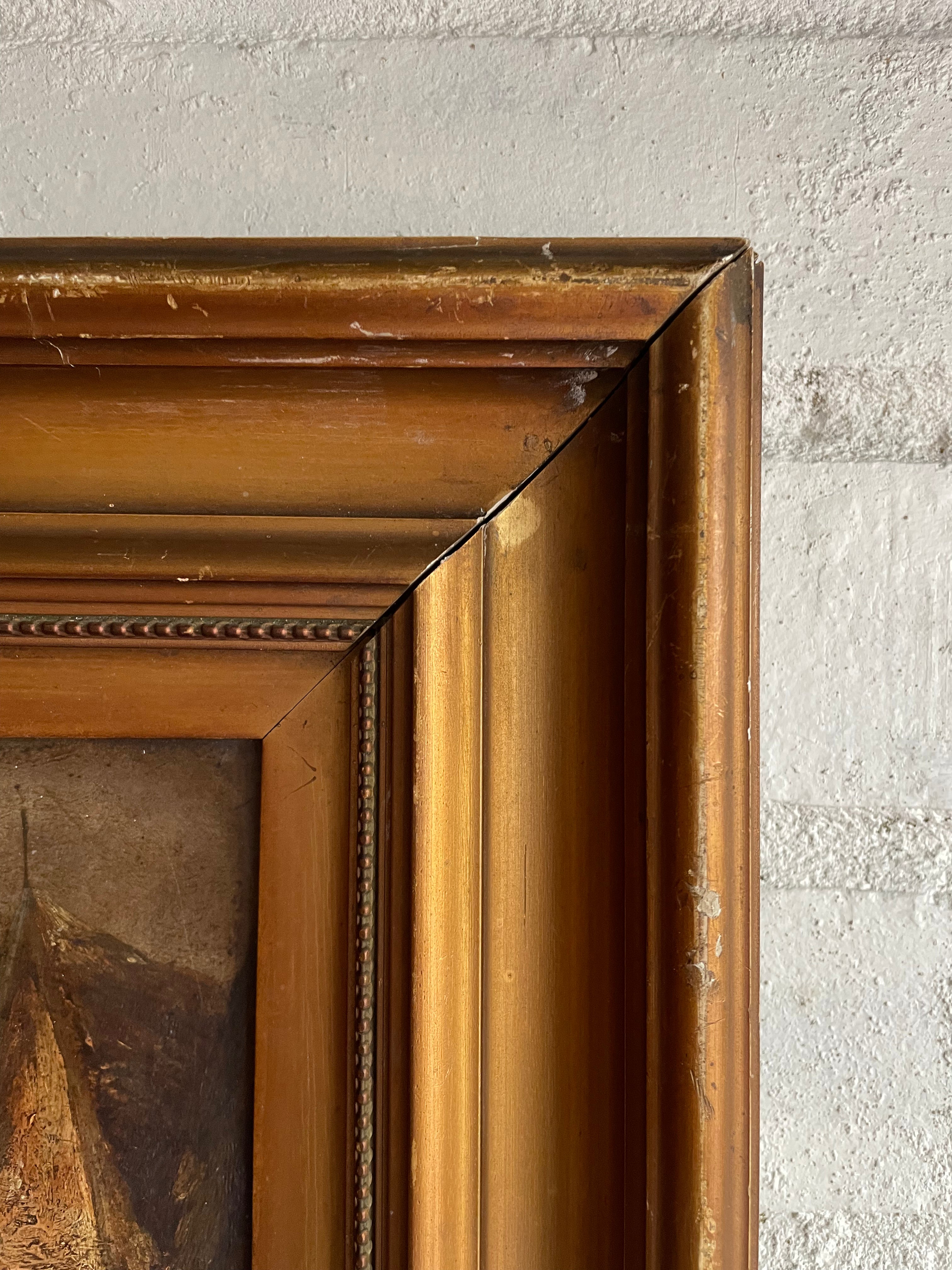 Village Scene: Antique Oil on Leather