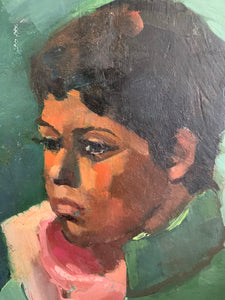 Portrait of Lady in Green and Pinks - Oil Painting on Board