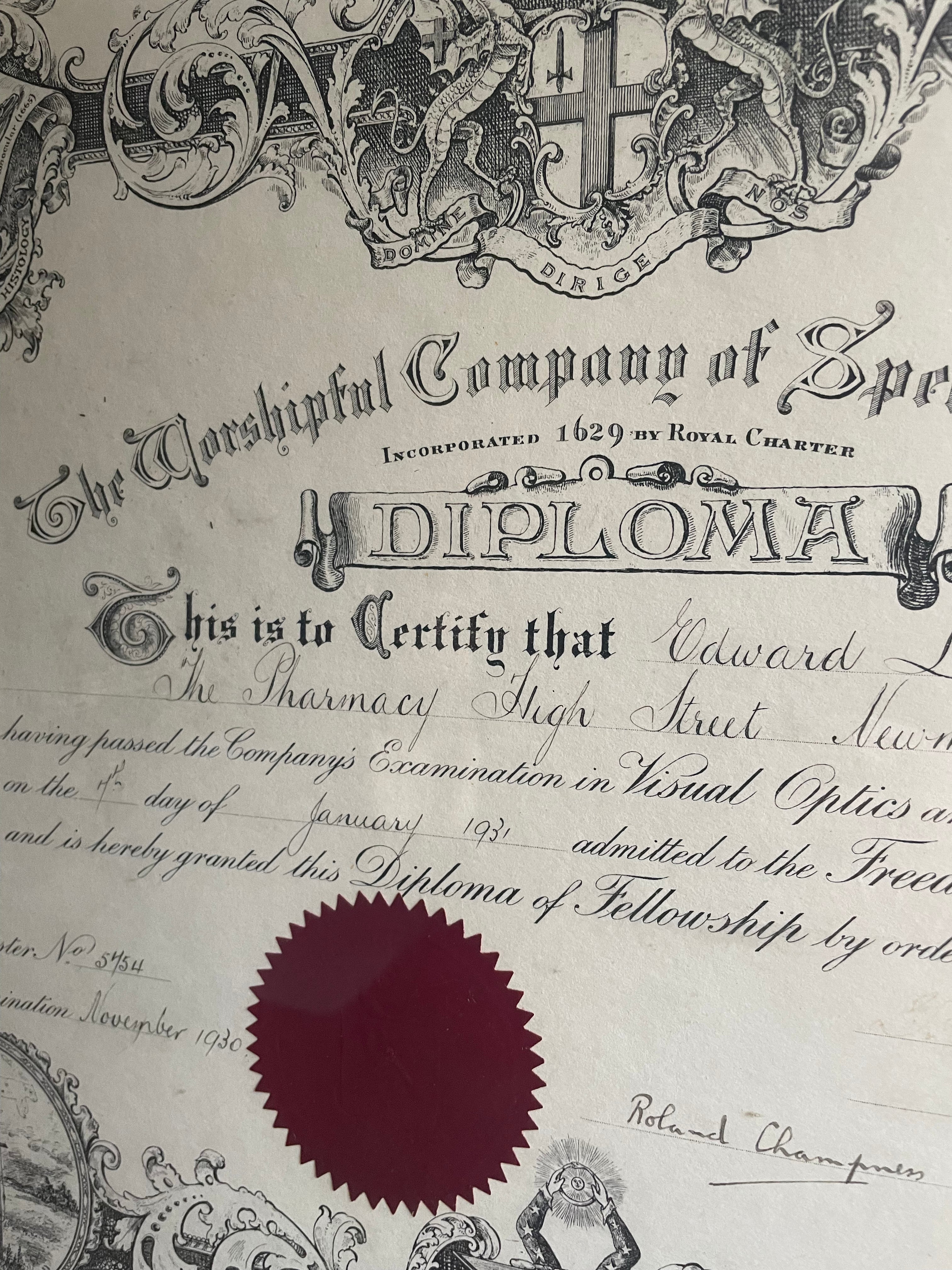 Large Framed 1930s Diploma from “The Worshipful Company of Spectacle Makers”