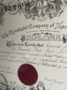 Large Framed 1930s Diploma from “The Worshipful Company of Spectacle Makers”