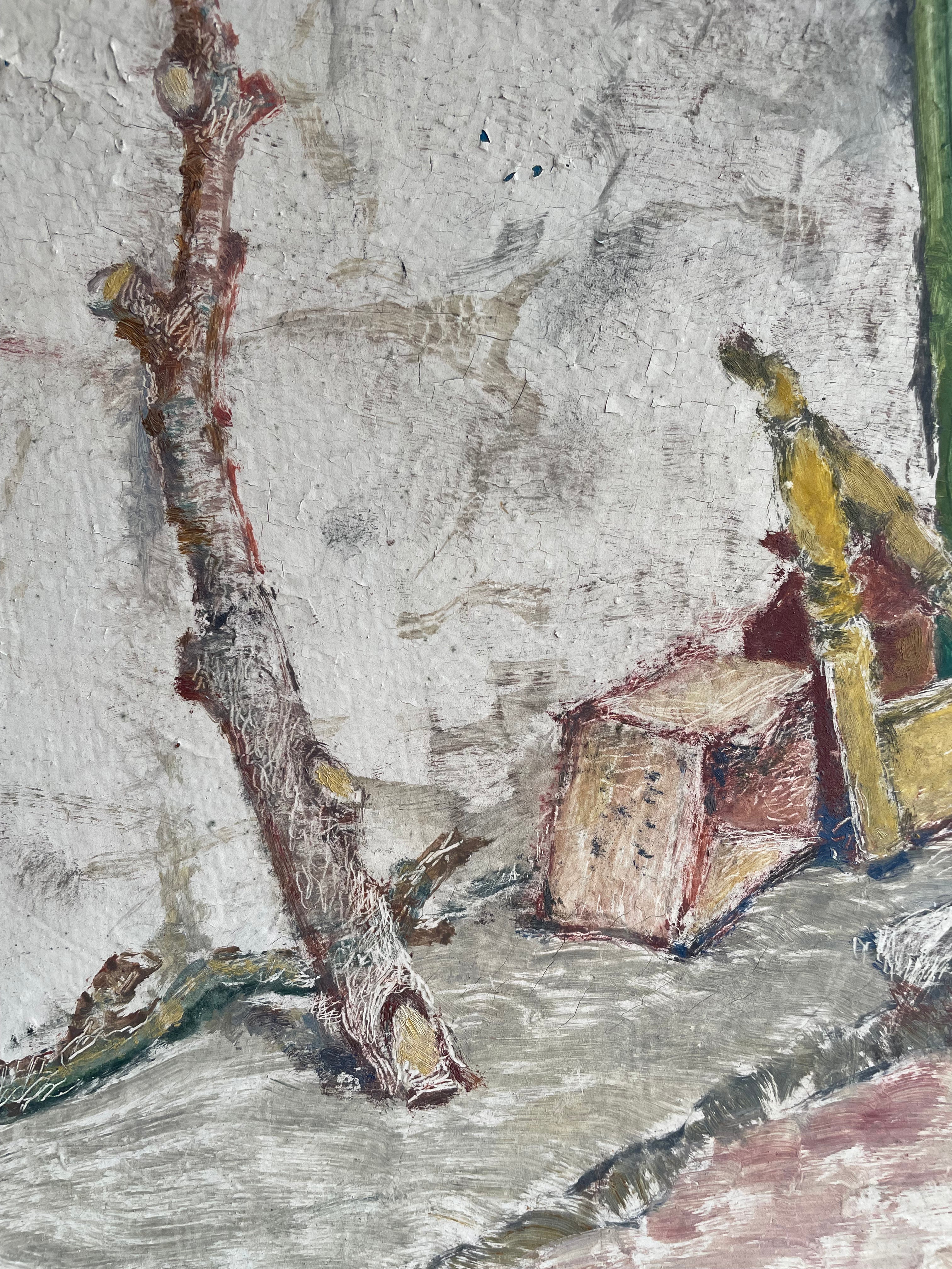 Still Life with a Bench: Beautiful Oil on Board