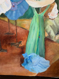 Lady in Milliners Shop: Vintage Oil on Board