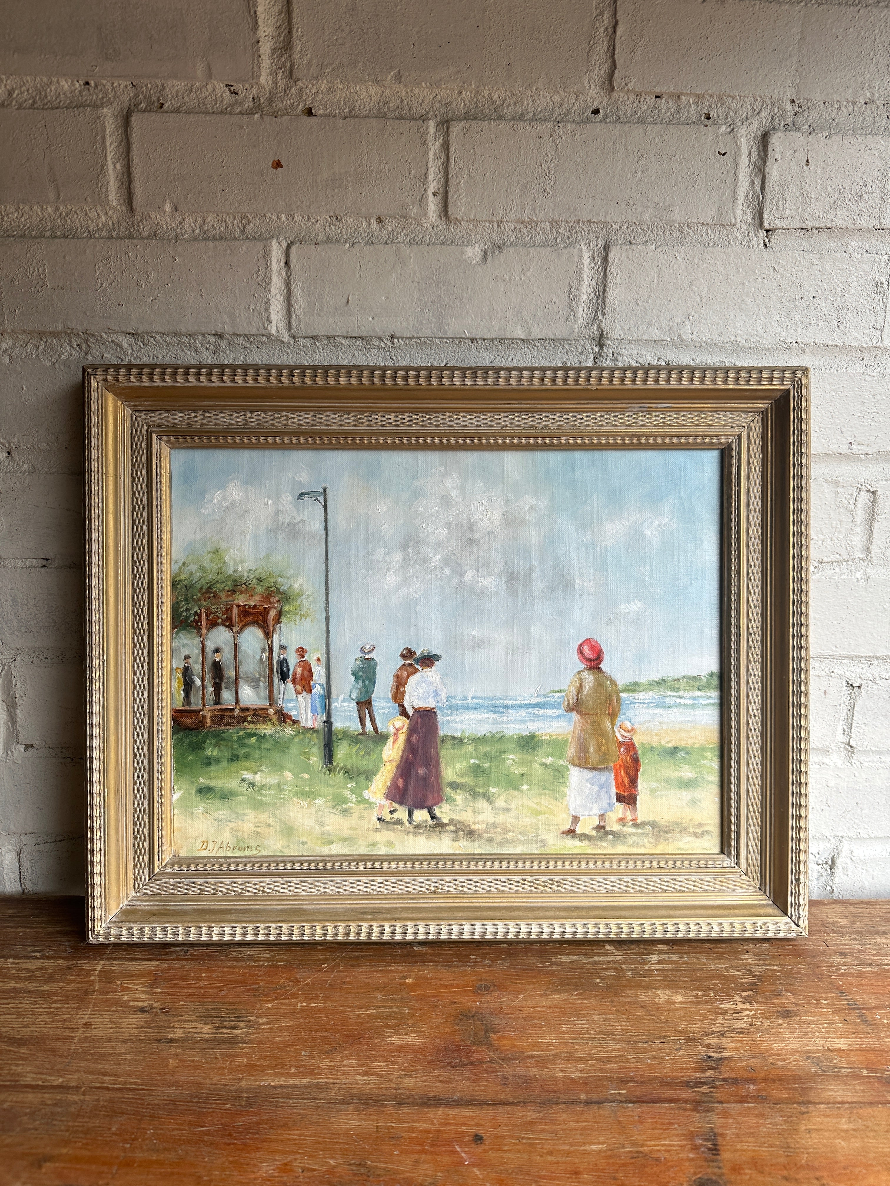 Edwardian Lakeside Scene: Vintage Oil on Board