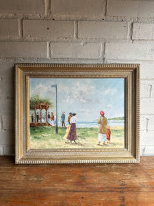 Edwardian Lakeside Scene: Vintage Oil on Board