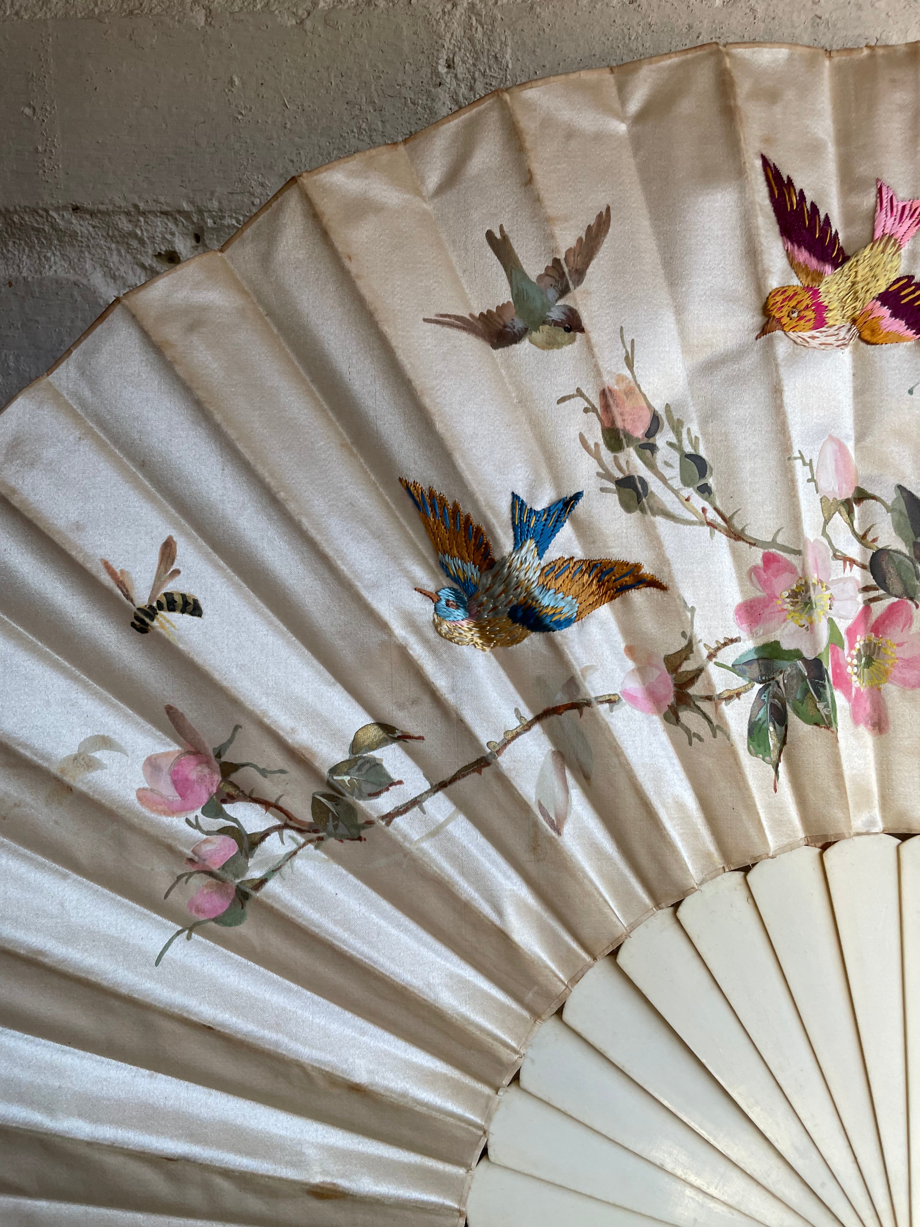 19th Century Hand Embroidered, Painted Silk Fan