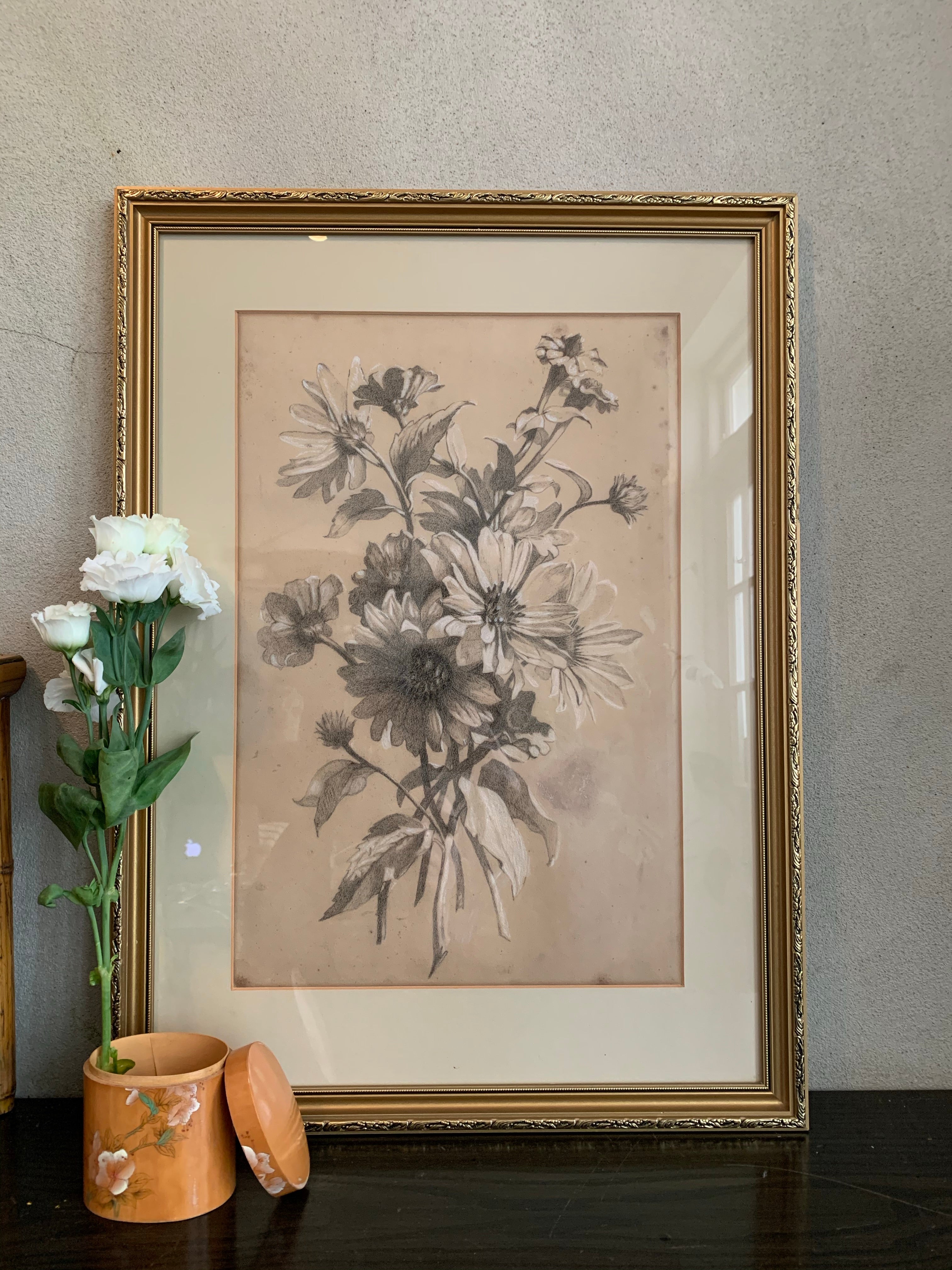Antique Pencil Drawing of Botanical Flowers