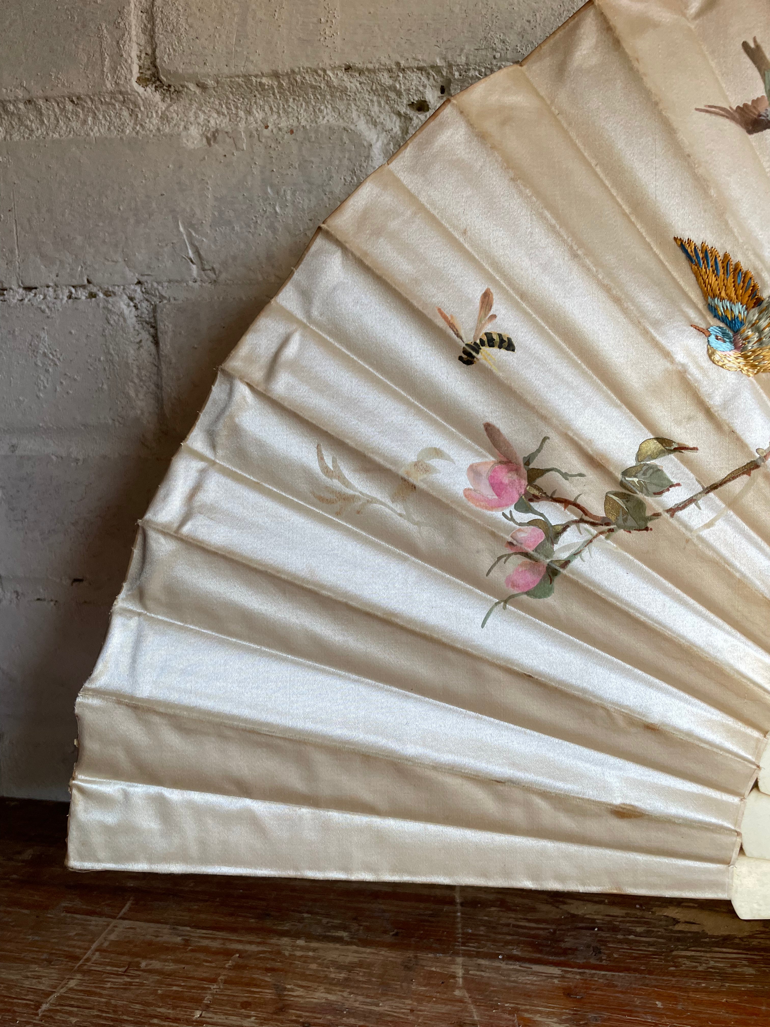 19th Century Hand Embroidered, Painted Silk Fan